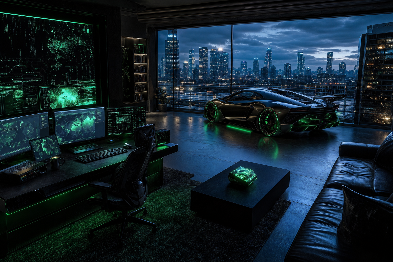 Cyberpunk Hacker Room With Neon Screens Supercars Wallpaper  3 4K