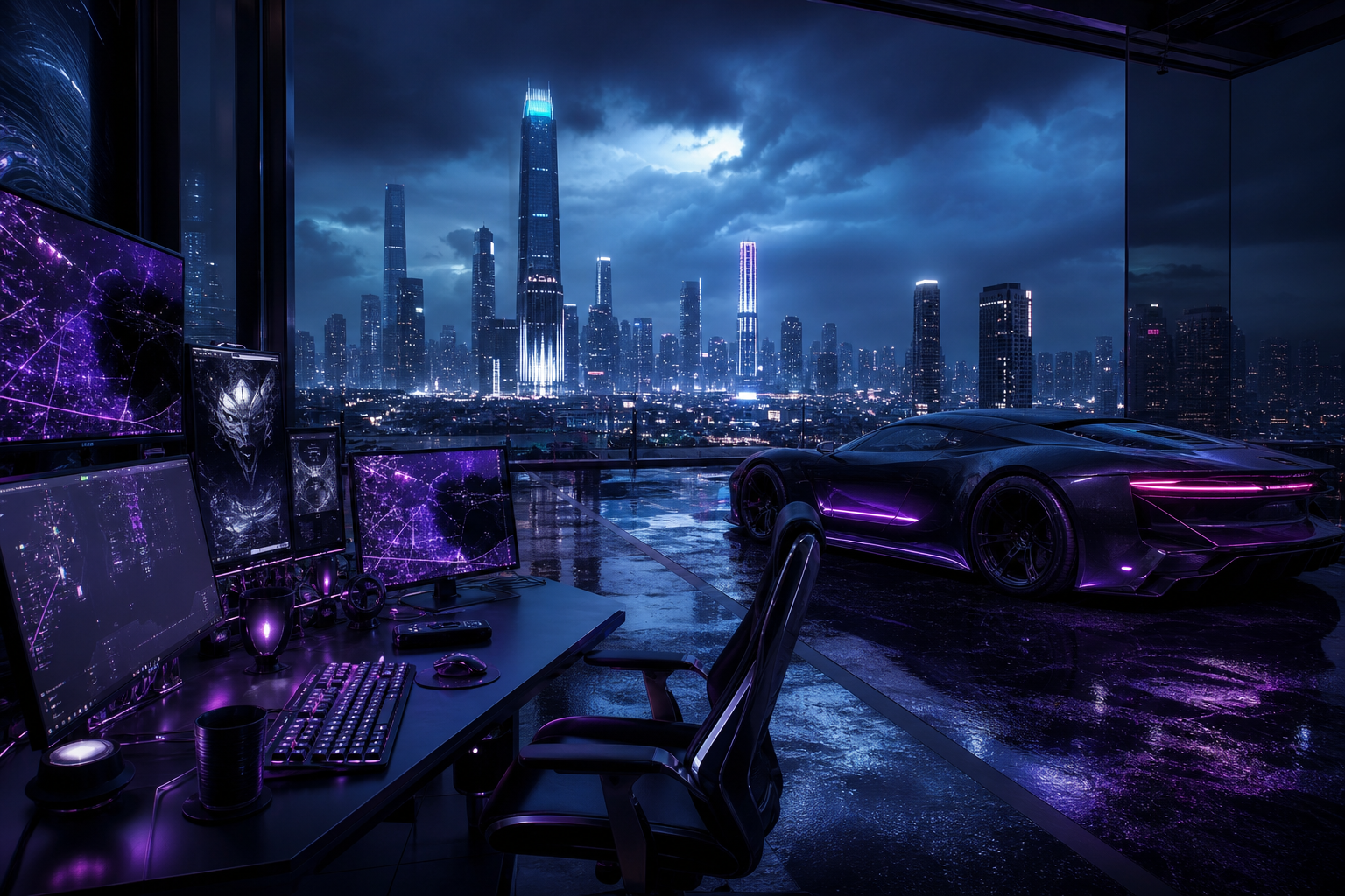 Cyberpunk Hacker Room With Neon Screens Supercars Wallpaper  3 4K