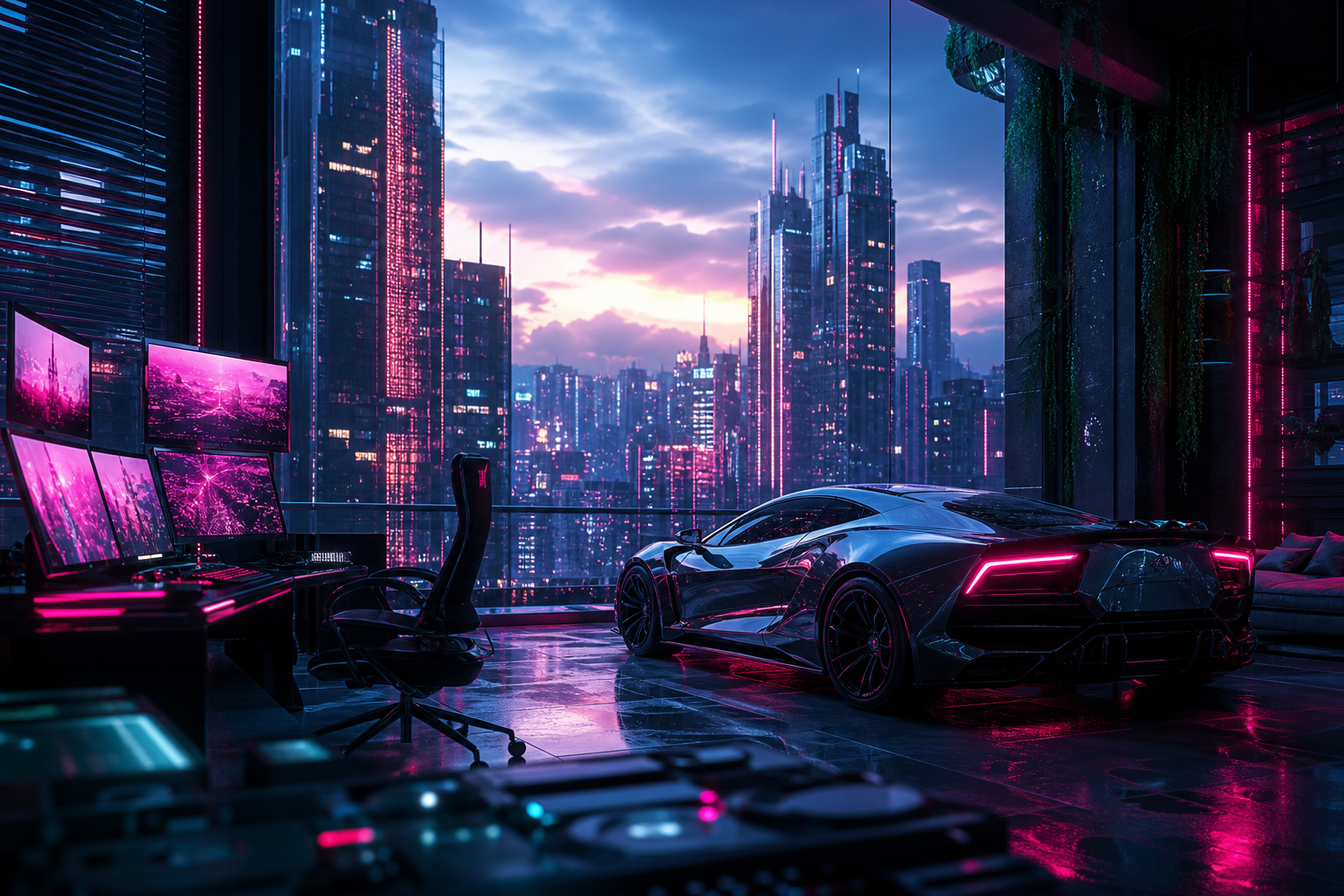 Cyberpunk Hacker Room With Neon Screens Supercars Wallpaper  3 4K