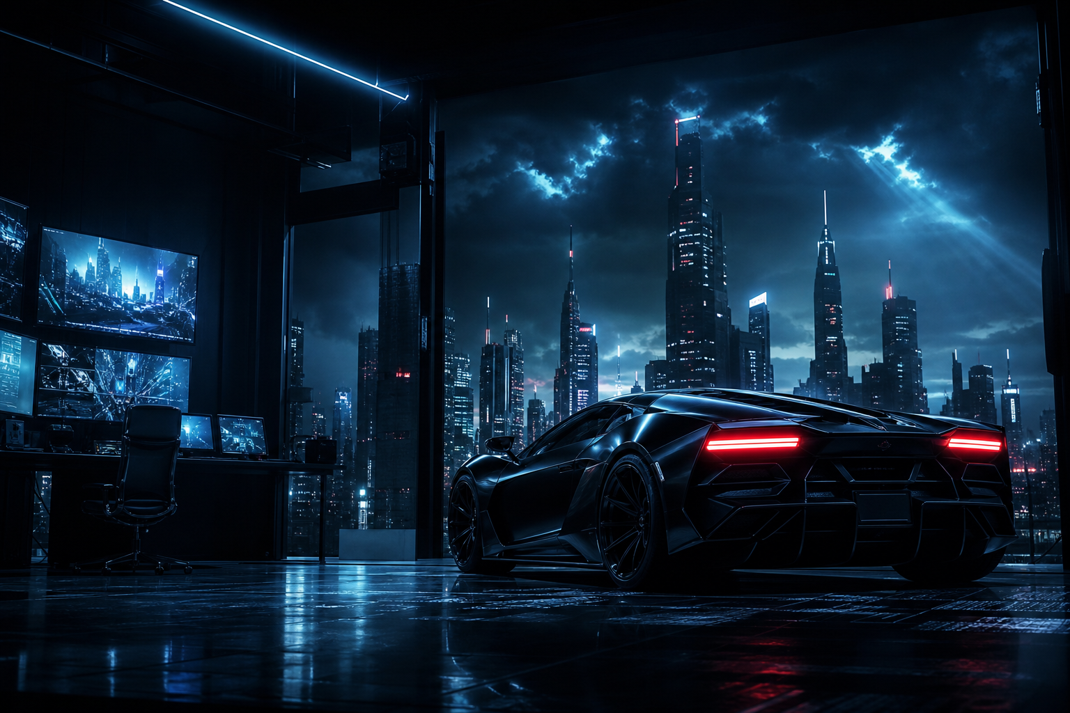 Cyberpunk Hacker Room With Neon Screens Supercars Wallpaper  3 4K
