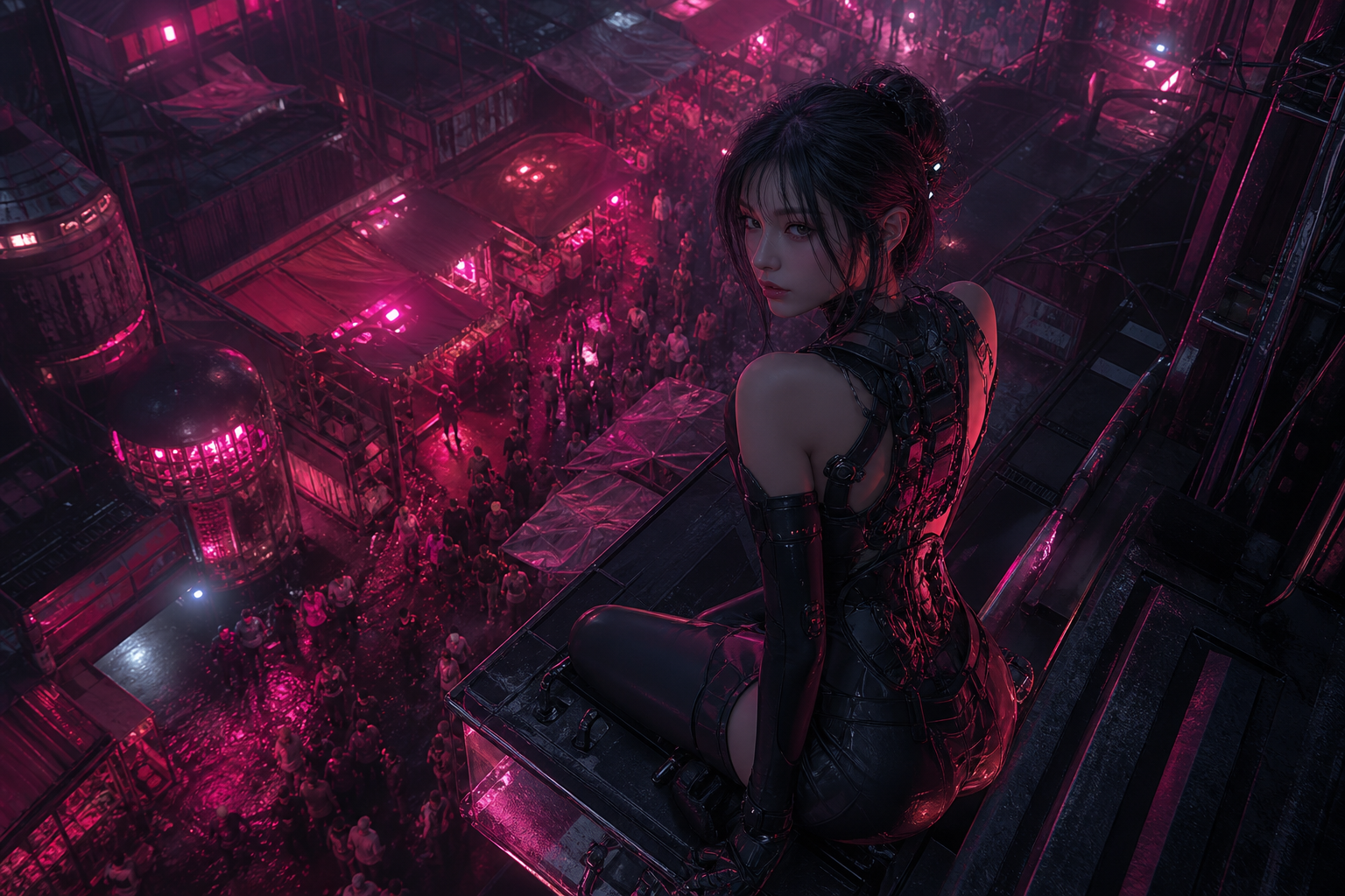 Dark Cyberpunk Market Street Ai-Girls Wallpaper  8 4K