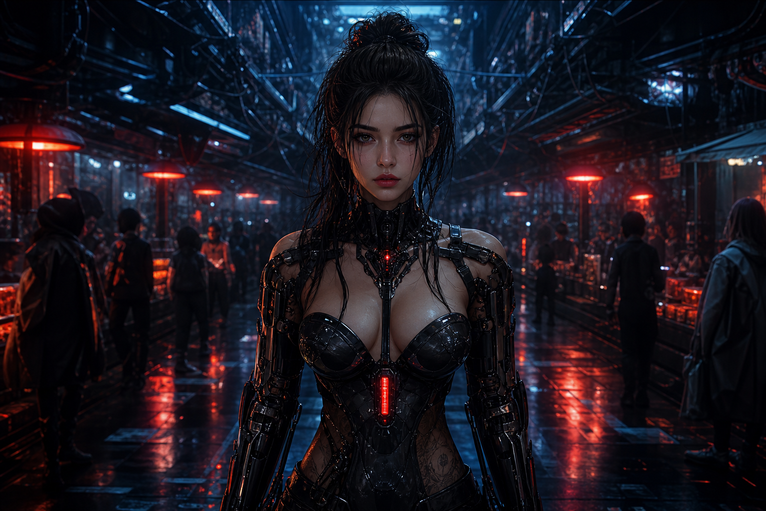 Dark Cyberpunk Market Street Ai-Girls Wallpaper  8 4K