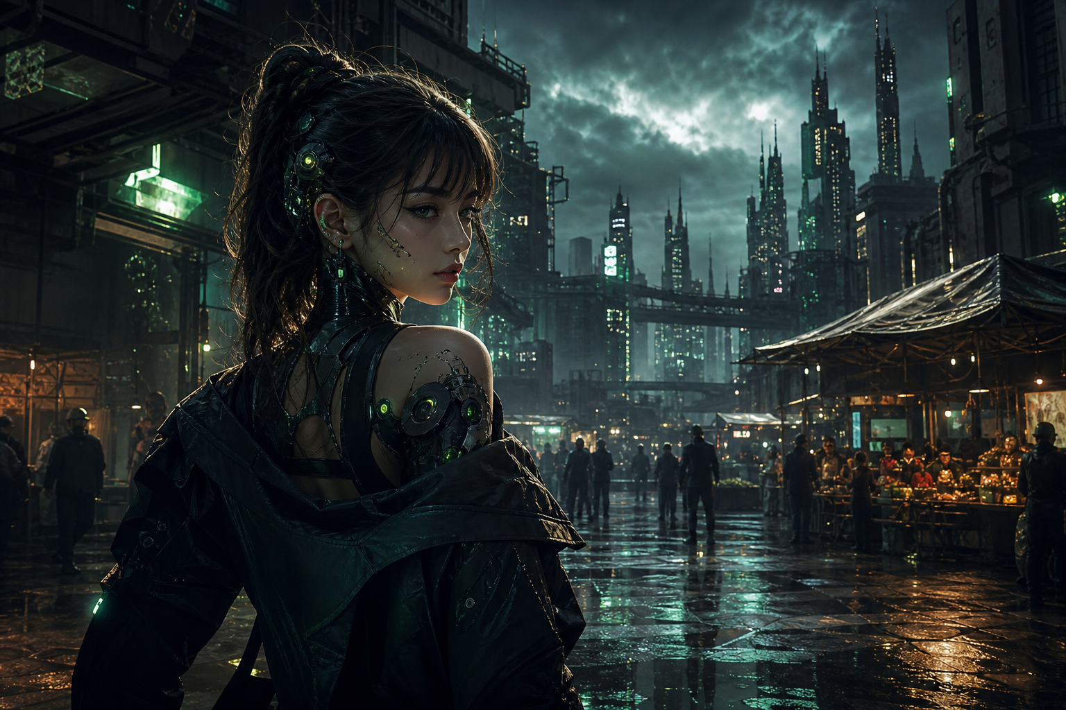Dark Cyberpunk Market Street Ai-Girls Wallpaper  8 4K