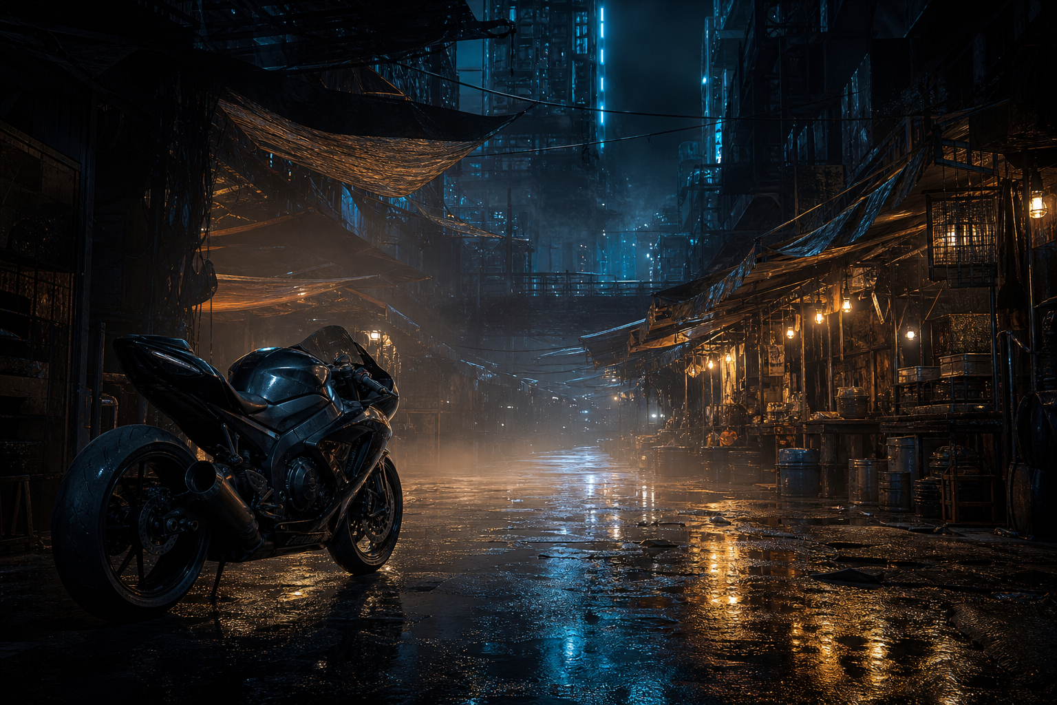 Dark Cyberpunk Market Street Motorcycles Wallpaper  8 4K