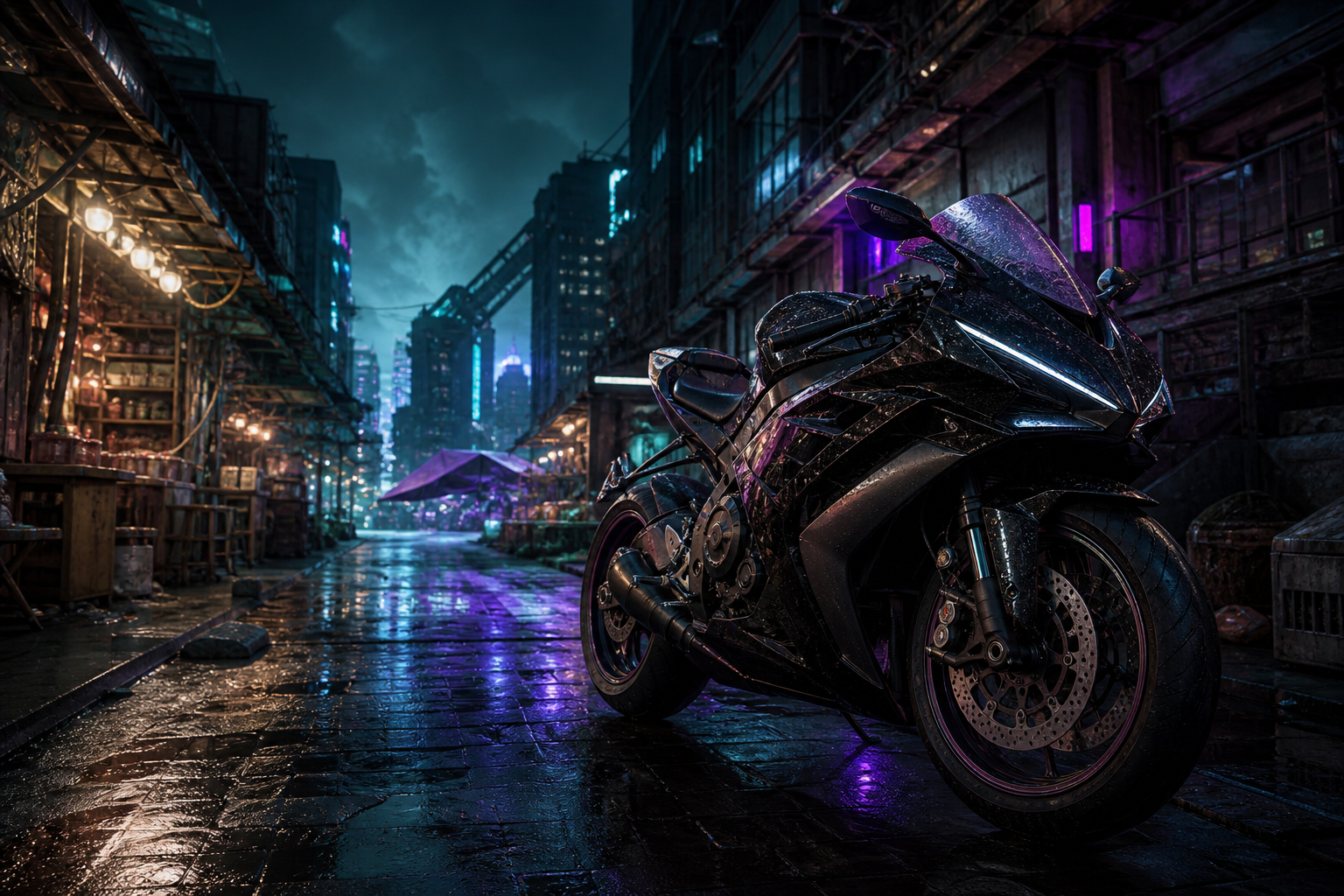 Dark Cyberpunk Market Street Motorcycles Wallpaper  8 4K
