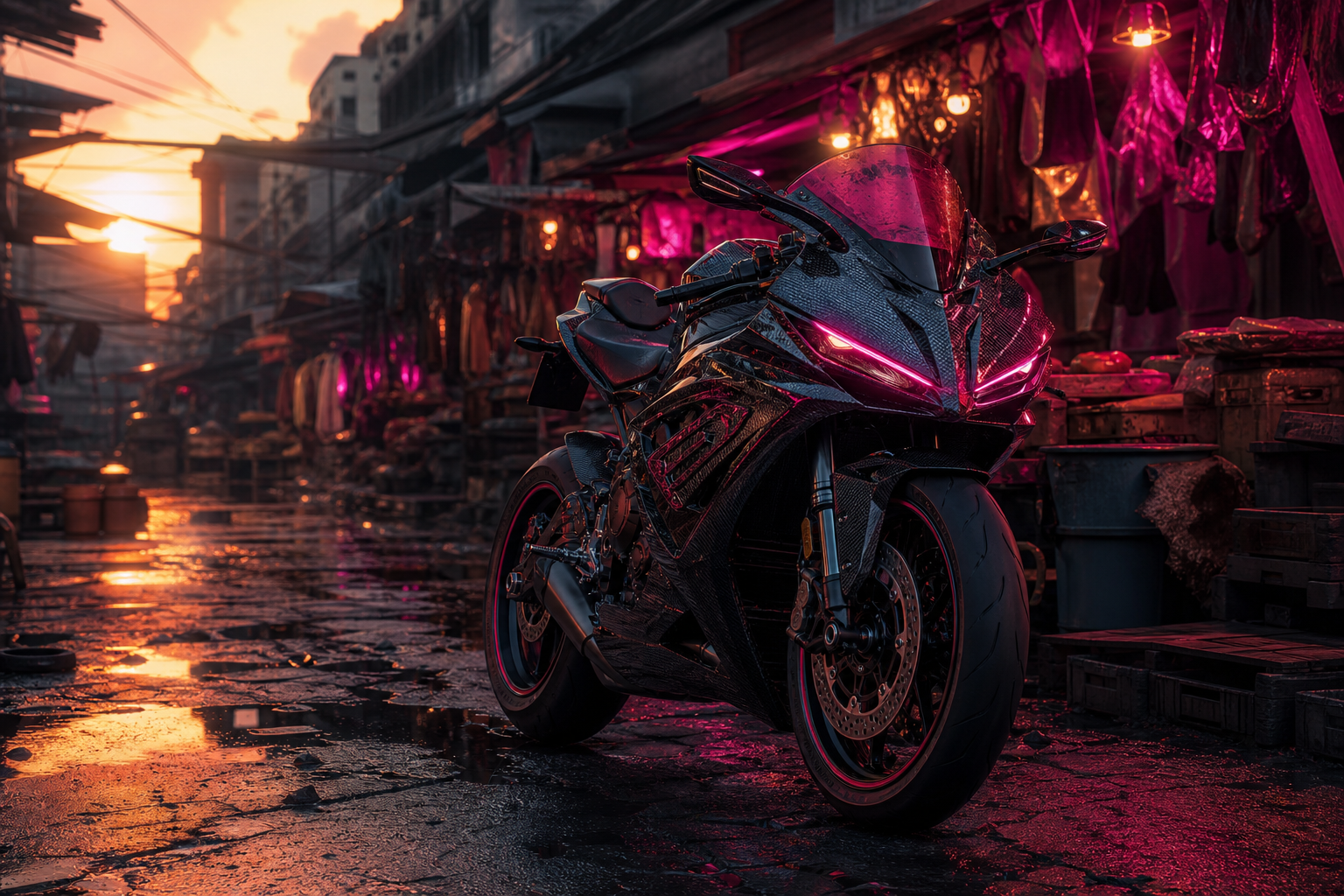 Dark Cyberpunk Market Street Motorcycles Wallpaper  8 4K