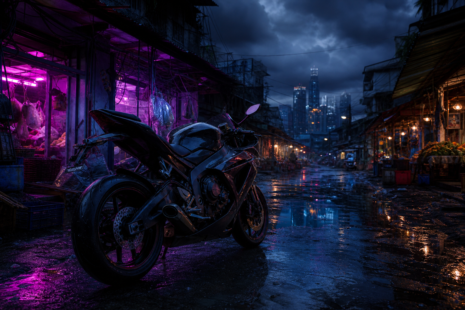 Dark Cyberpunk Market Street Motorcycles Wallpaper  8 4K
