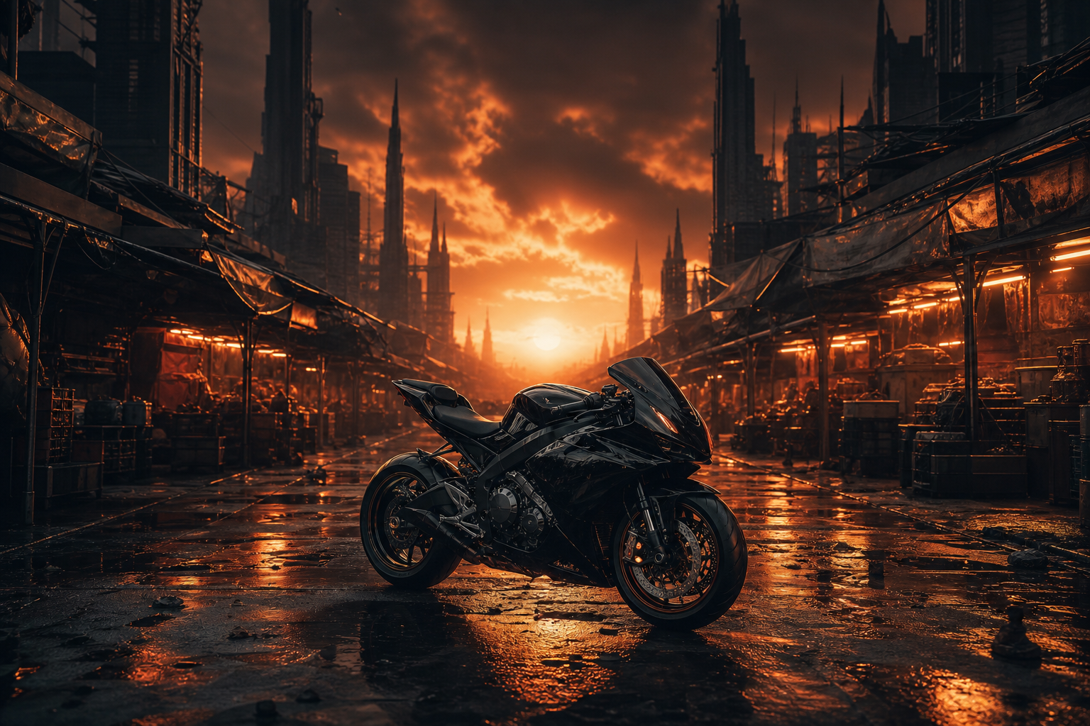 Dark Cyberpunk Market Street Motorcycles Wallpaper  8 4K