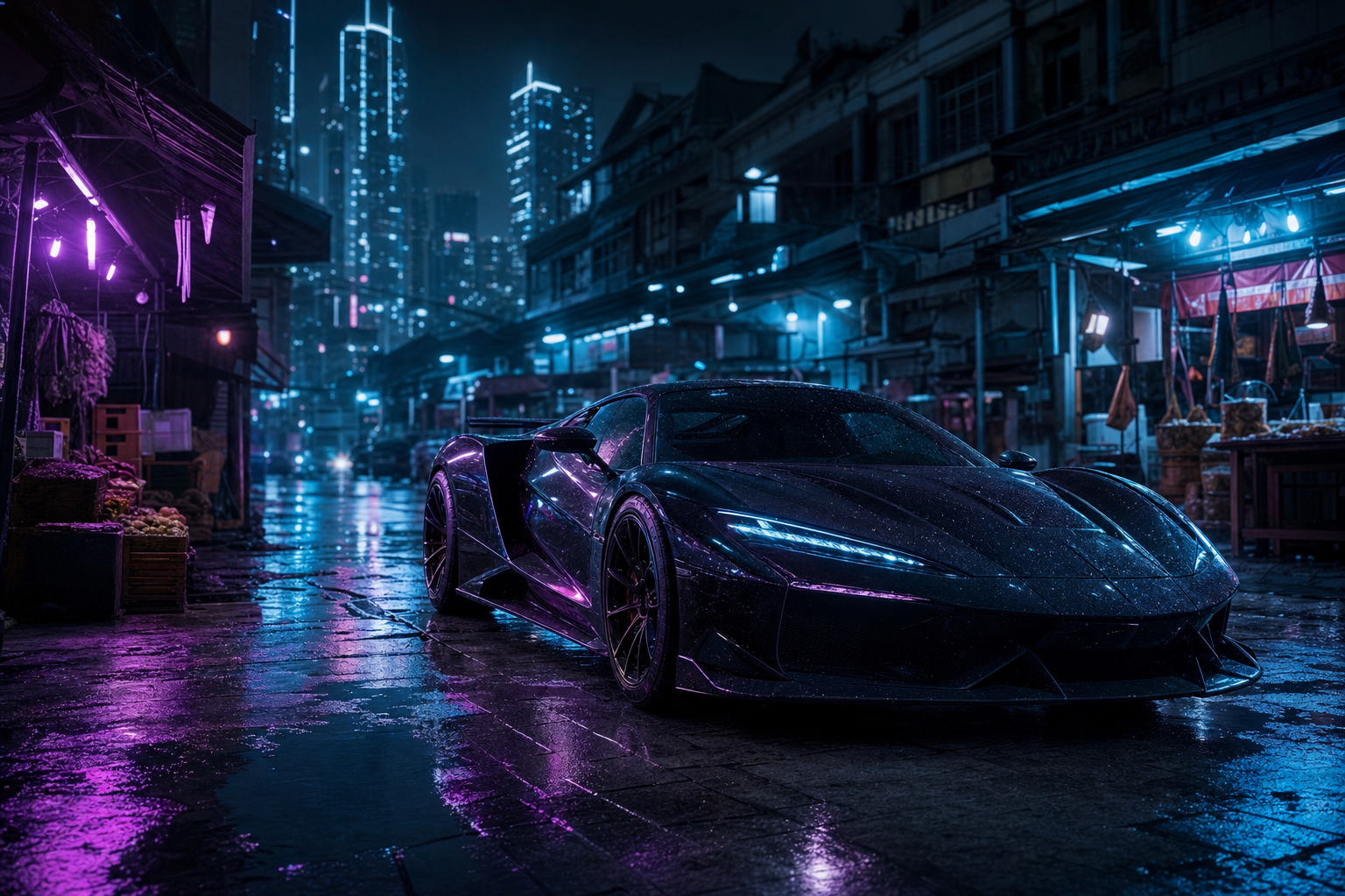 Dark Cyberpunk Market Street Supercars Wallpaper  8 4K