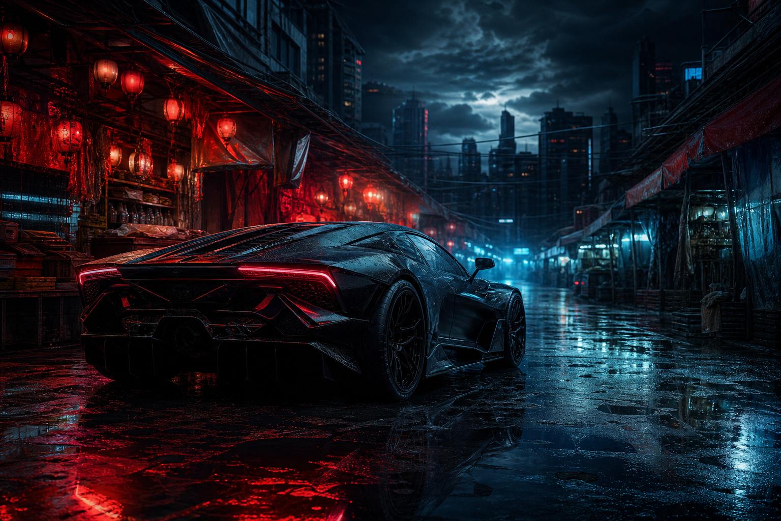 Dark Cyberpunk Market Street Supercars Wallpaper  8 4K
