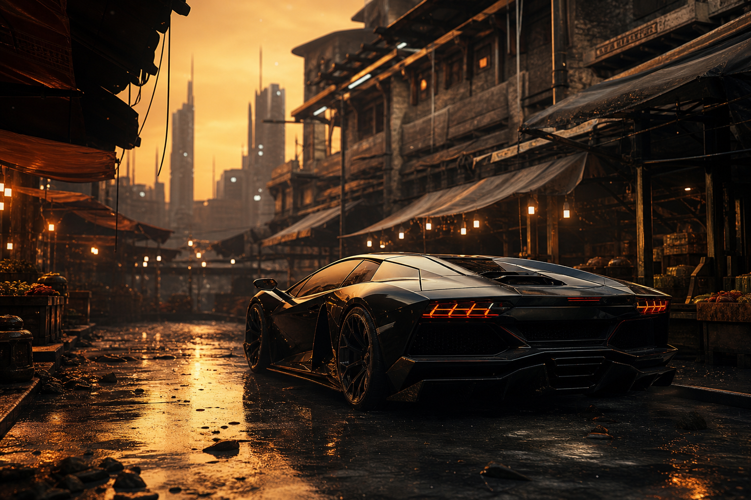 Dark Cyberpunk Market Street Supercars Wallpaper  8 4K