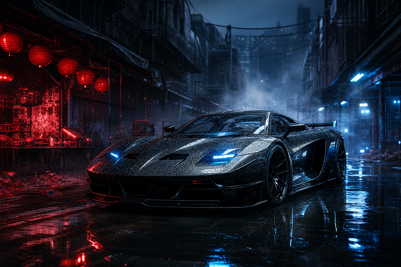 Dark Cyberpunk Market Street Supercars Wallpaper  8 4K