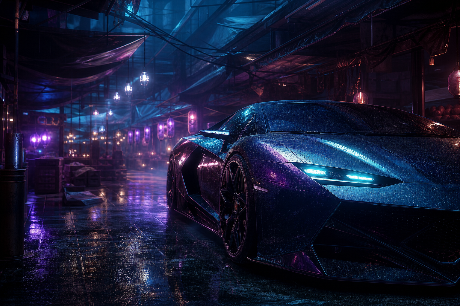 Dark Cyberpunk Market Street Supercars Wallpaper  8 4K