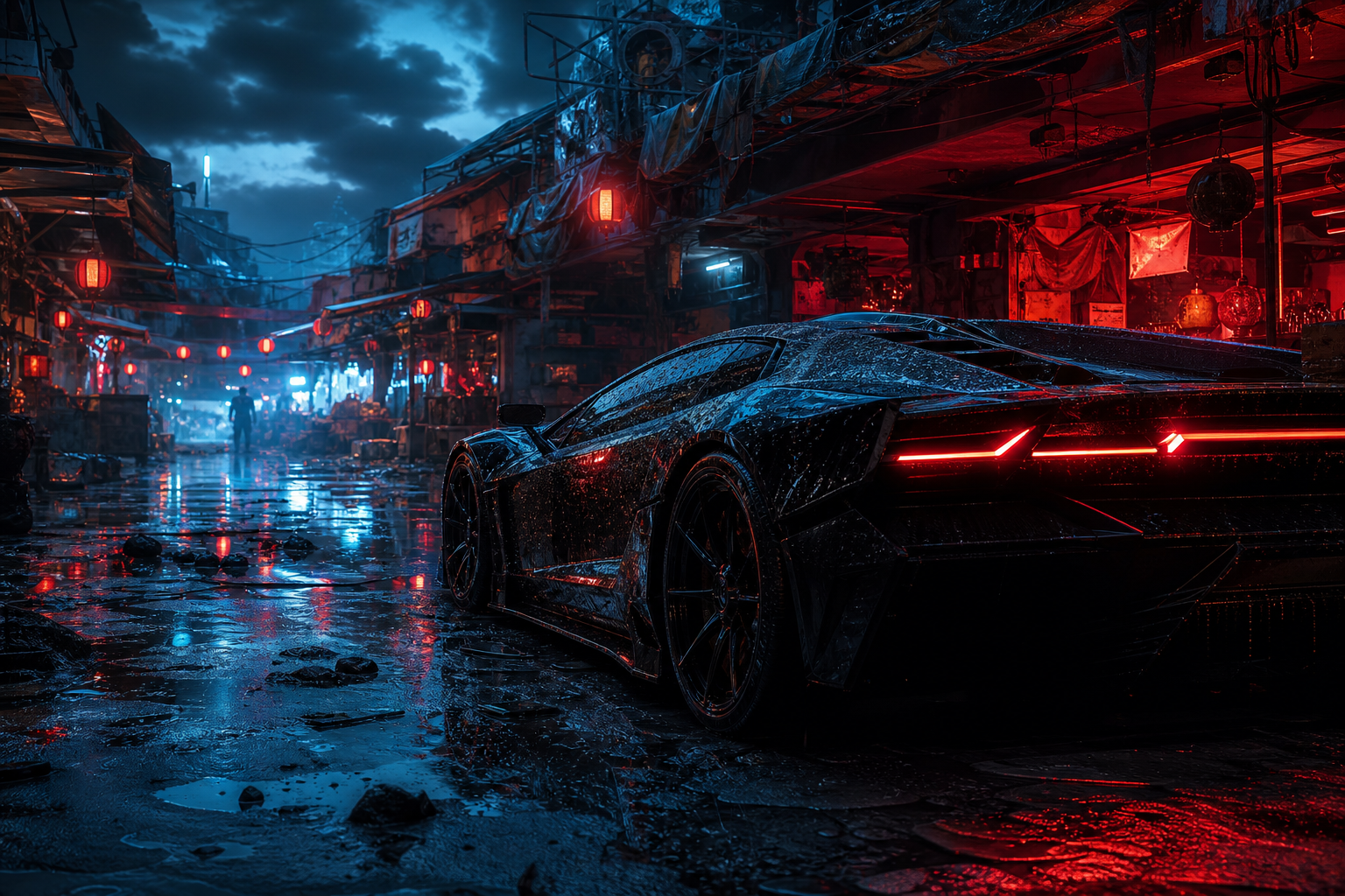 Dark Cyberpunk Market Street Supercars Wallpaper  8 4K