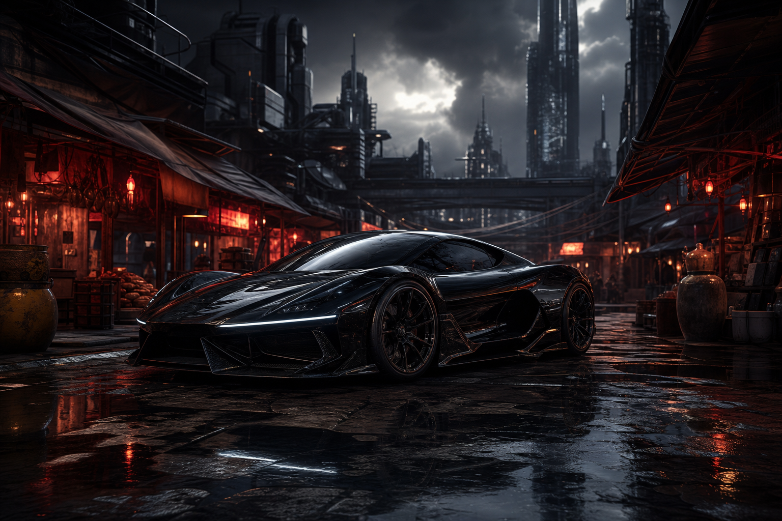 Dark Cyberpunk Market Street Supercars Wallpaper  8 4K