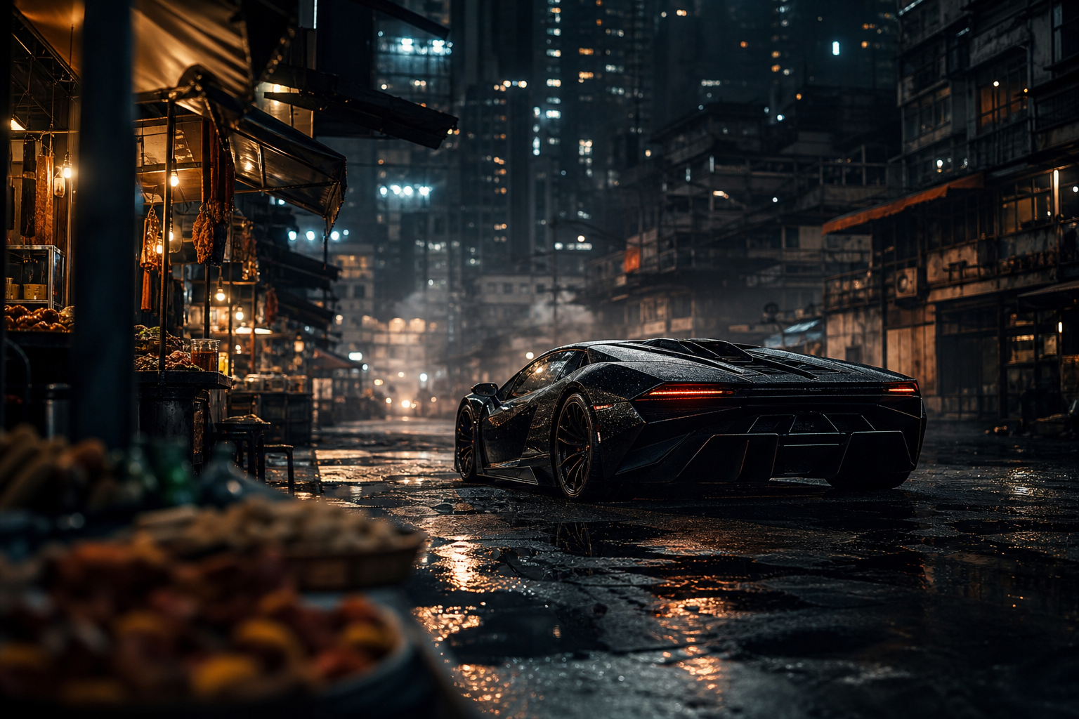 Dark Cyberpunk Market Street Supercars Wallpaper  8 4K