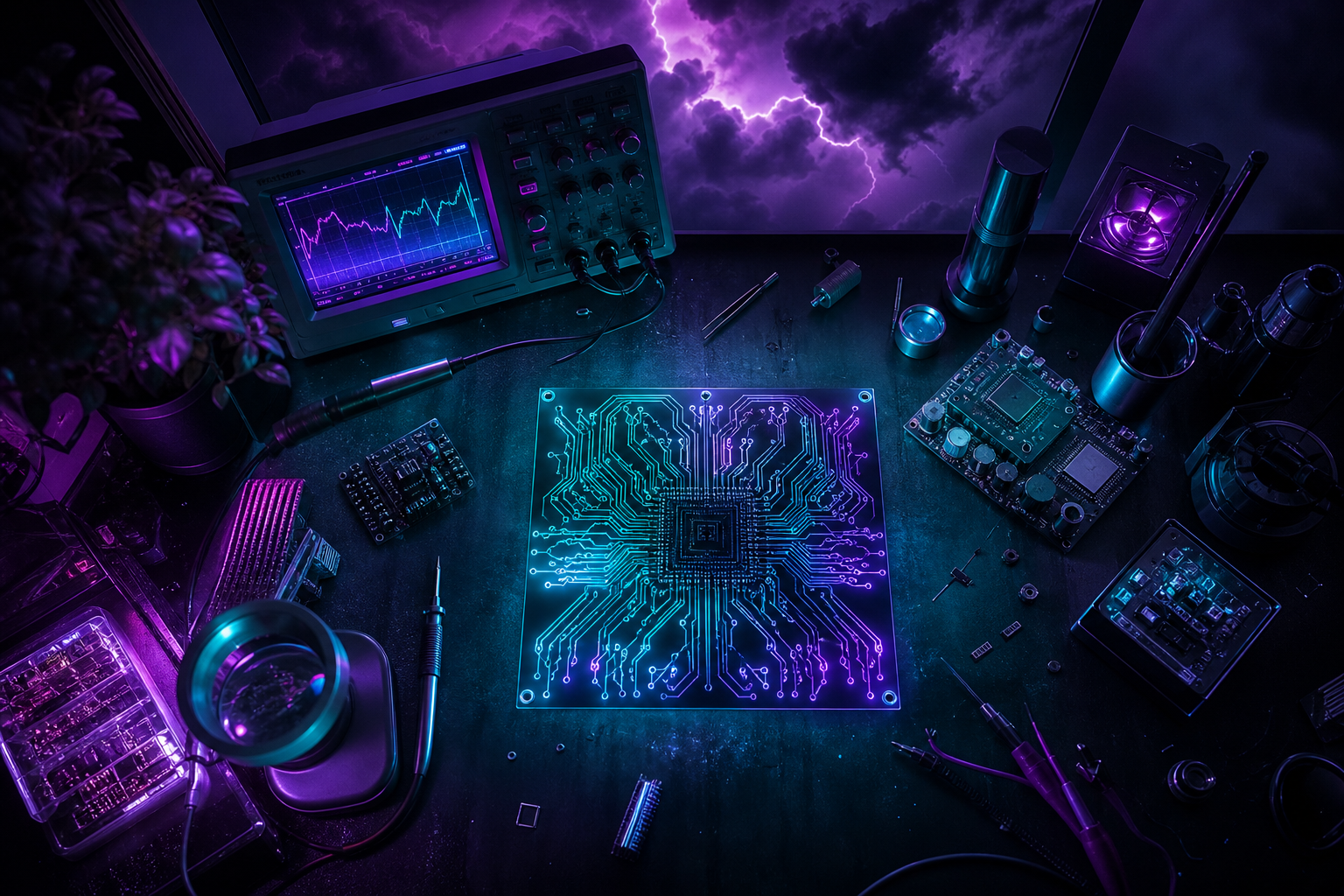 Electronics Lab With Oscilloscope And Neon Lights Electronics Wallpaper  3 4K