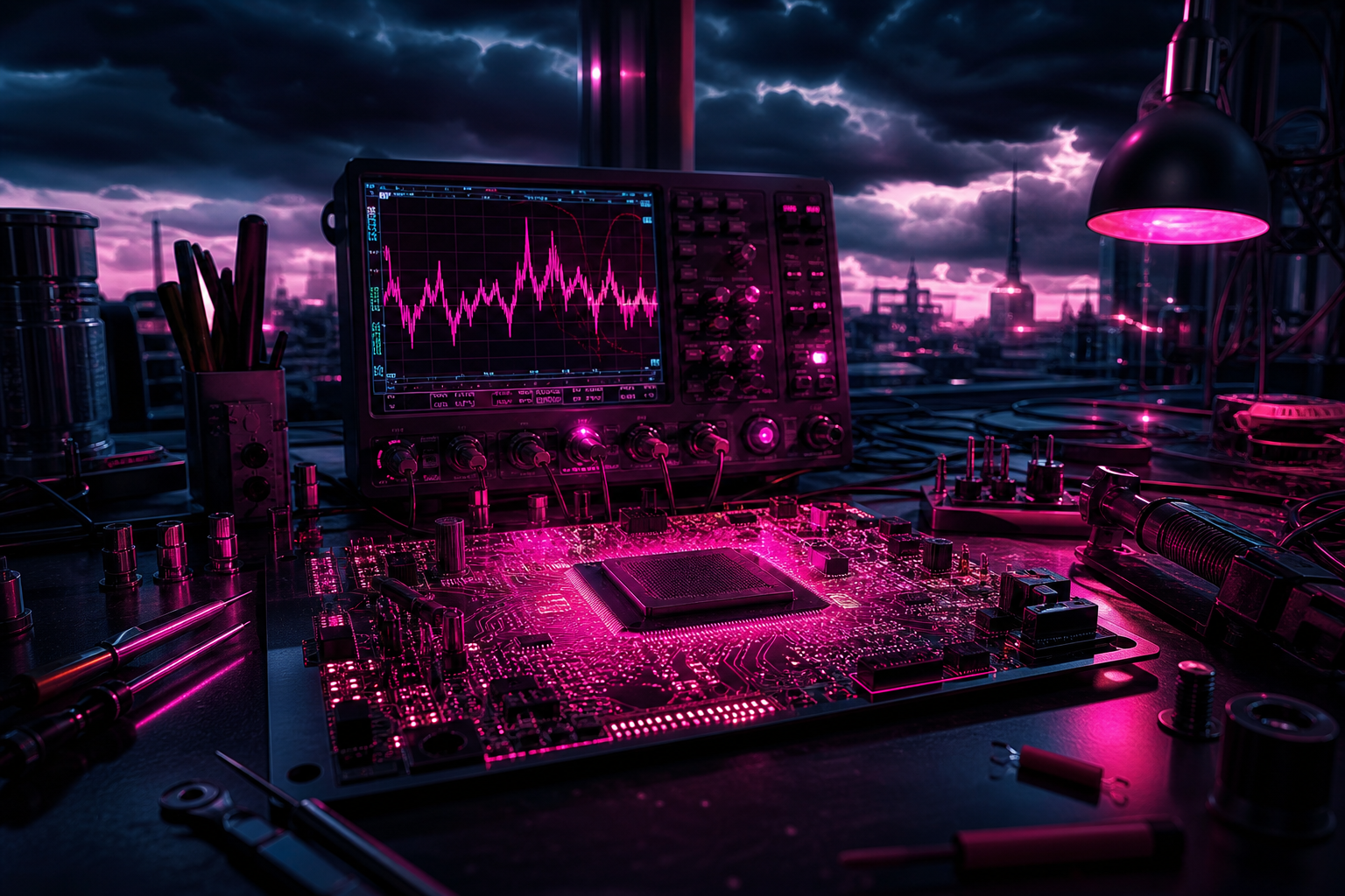 Electronics Lab With Oscilloscope And Neon Lights Electronics Wallpaper  3 4K