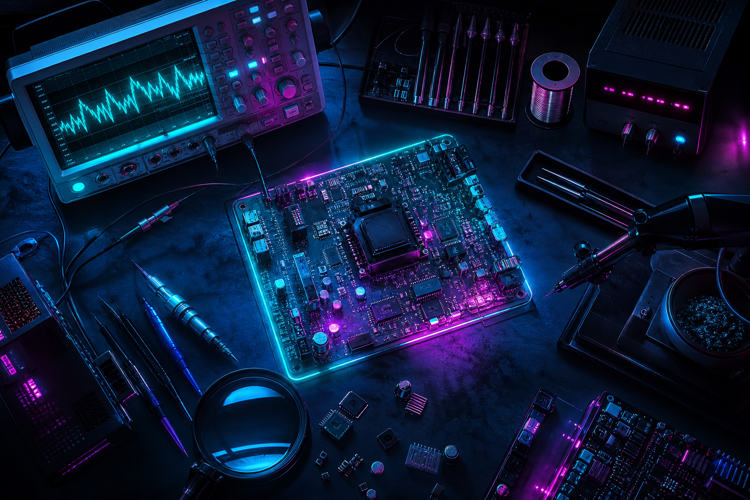 Electronics Lab With Oscilloscope And Neon Lights Electronics Wallpaper  3 4K