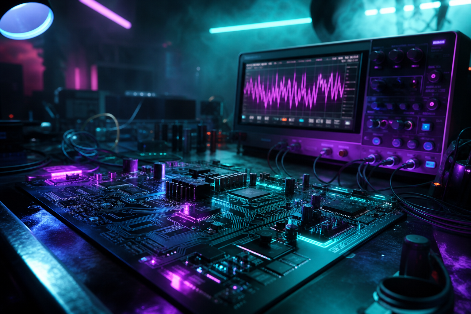 Electronics Lab With Oscilloscope And Neon Lights Electronics Wallpaper  3 4K