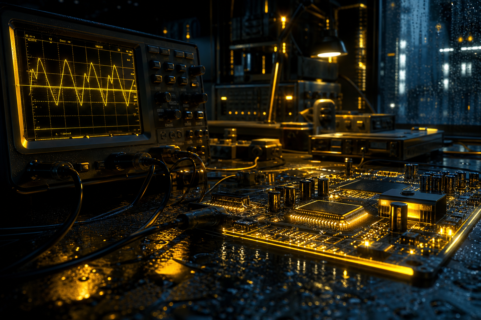 Electronics Lab With Oscilloscope And Neon Lights Electronics Wallpaper  3 4K