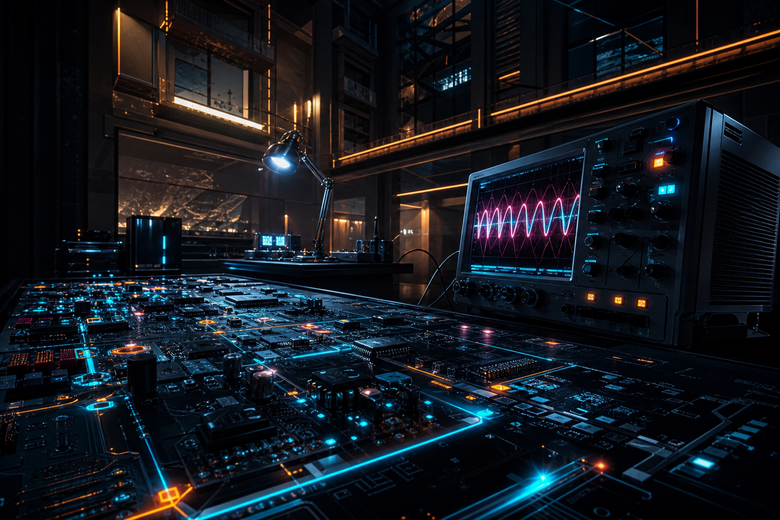 Electronics Lab With Oscilloscope And Neon Lights Electronics Wallpaper  3 4K