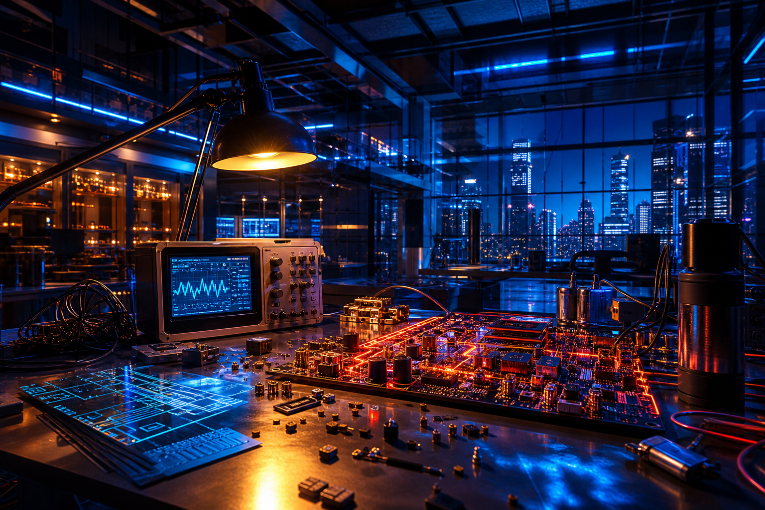 Electronics Lab With Oscilloscope And Neon Lights Electronics Wallpaper  3 4K