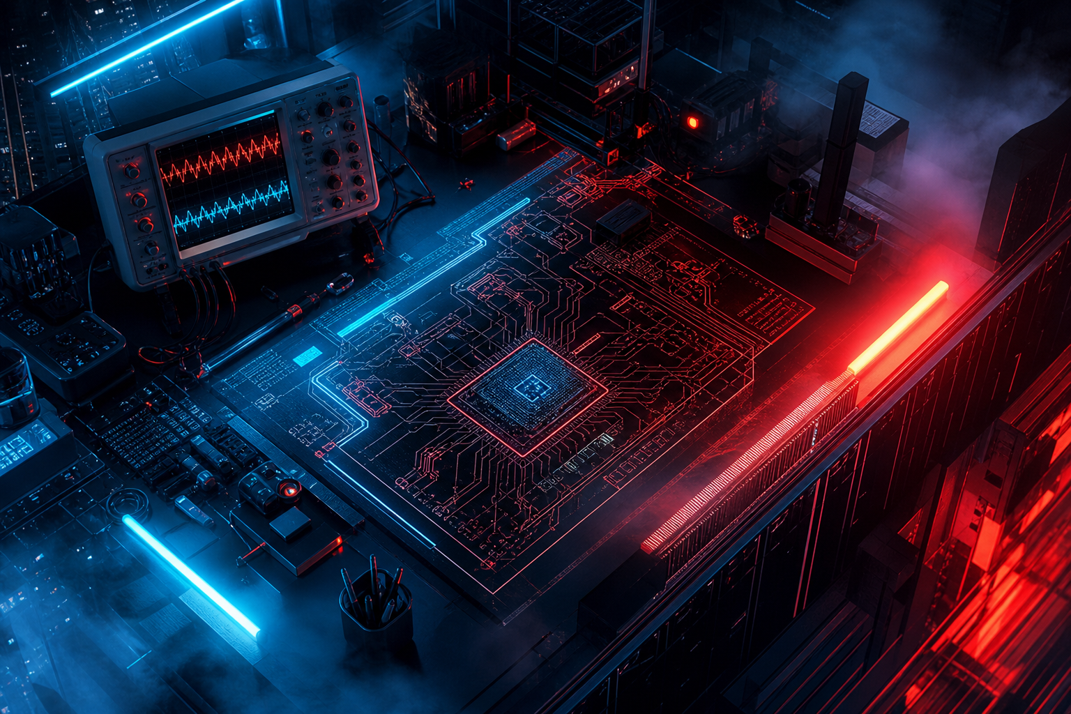 Electronics Lab With Oscilloscope And Neon Lights Electronics Wallpaper  3 4K
