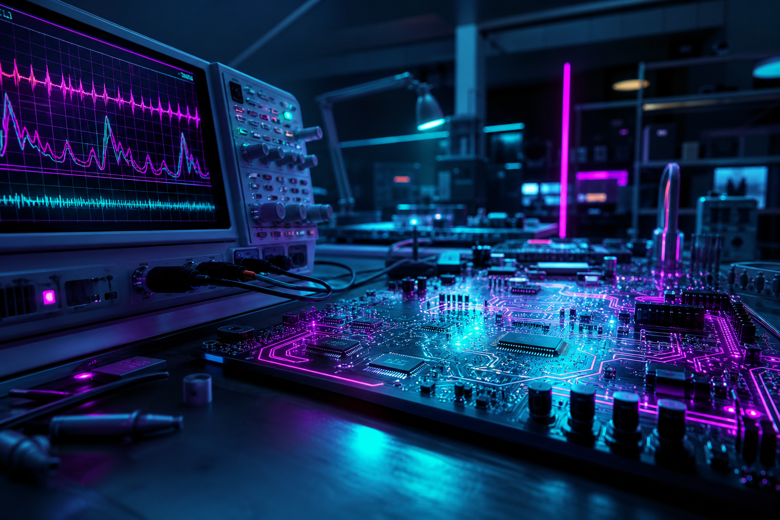 Electronics Lab With Oscilloscope And Neon Lights Electronics Wallpaper  3 4K