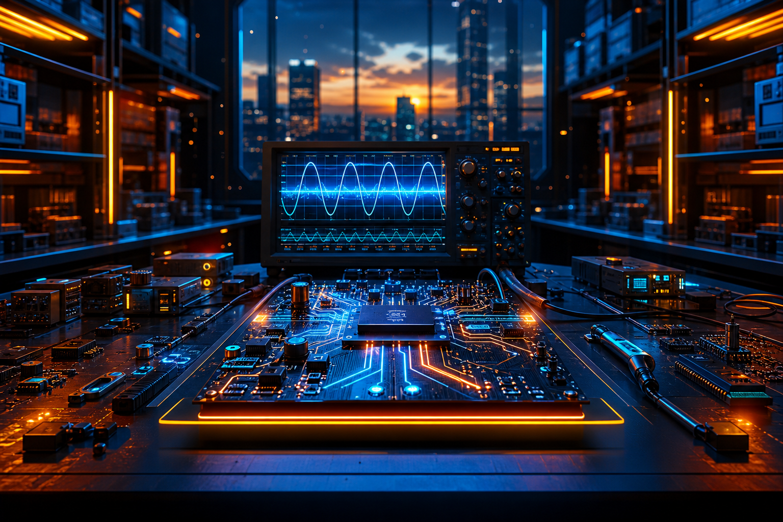 Electronics Lab With Oscilloscope And Neon Lights Electronics Wallpaper  3 4K