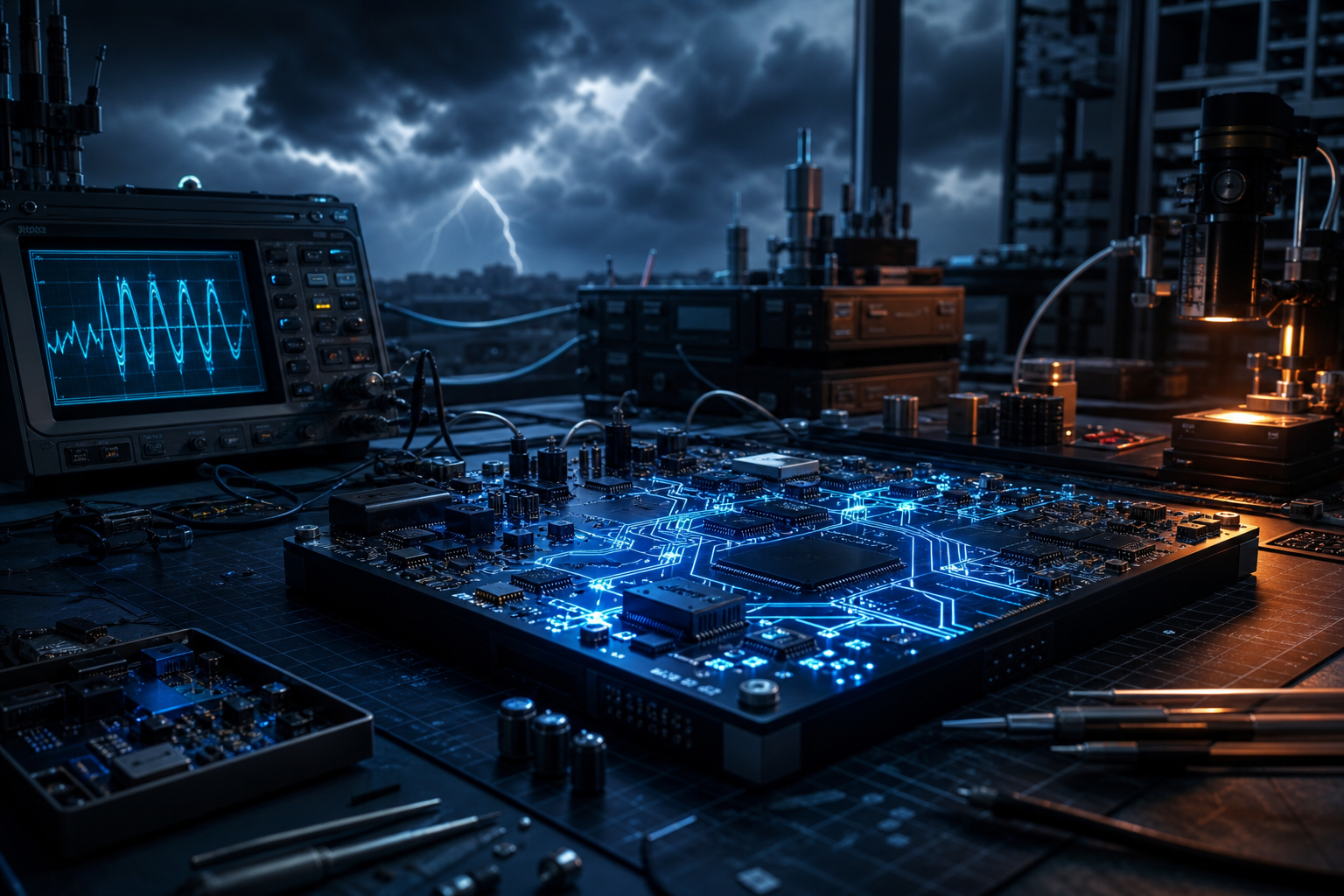 Electronics Lab With Oscilloscope And Neon Lights Electronics Wallpaper  3 4K