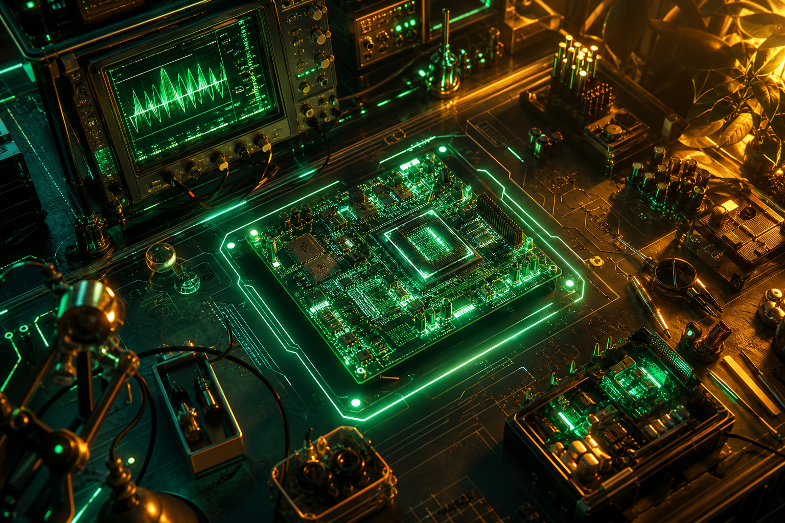 Electronics Lab With Oscilloscope And Neon Lights Electronics Wallpaper  3 4K