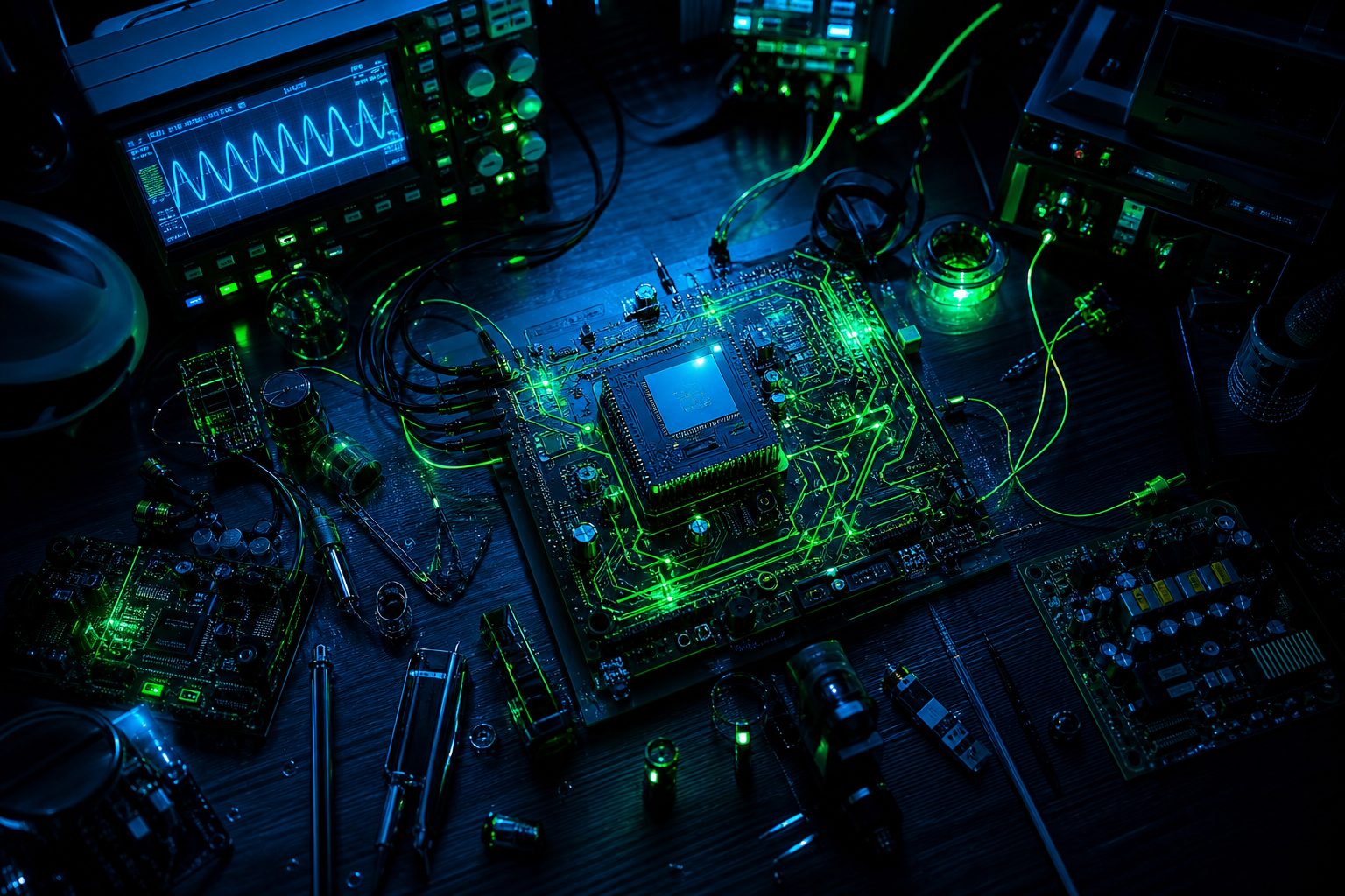 Electronics Lab With Oscilloscope And Neon Lights Electronics Wallpaper  3 4K