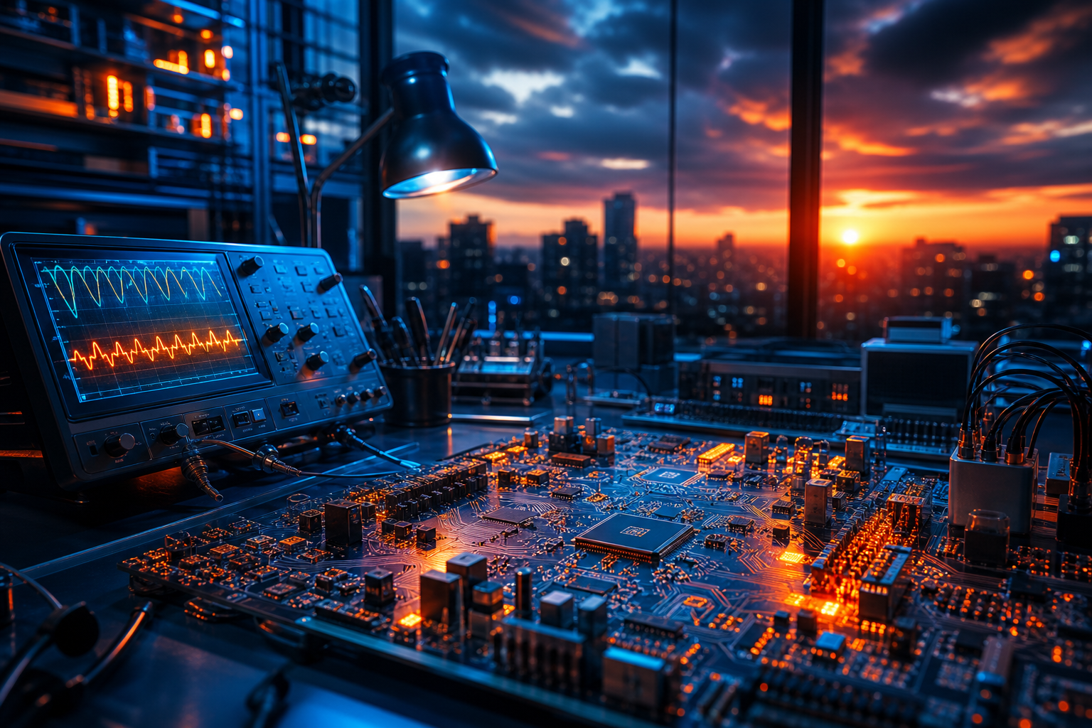 Electronics Lab With Oscilloscope And Neon Lights Electronics Wallpaper  3 4K