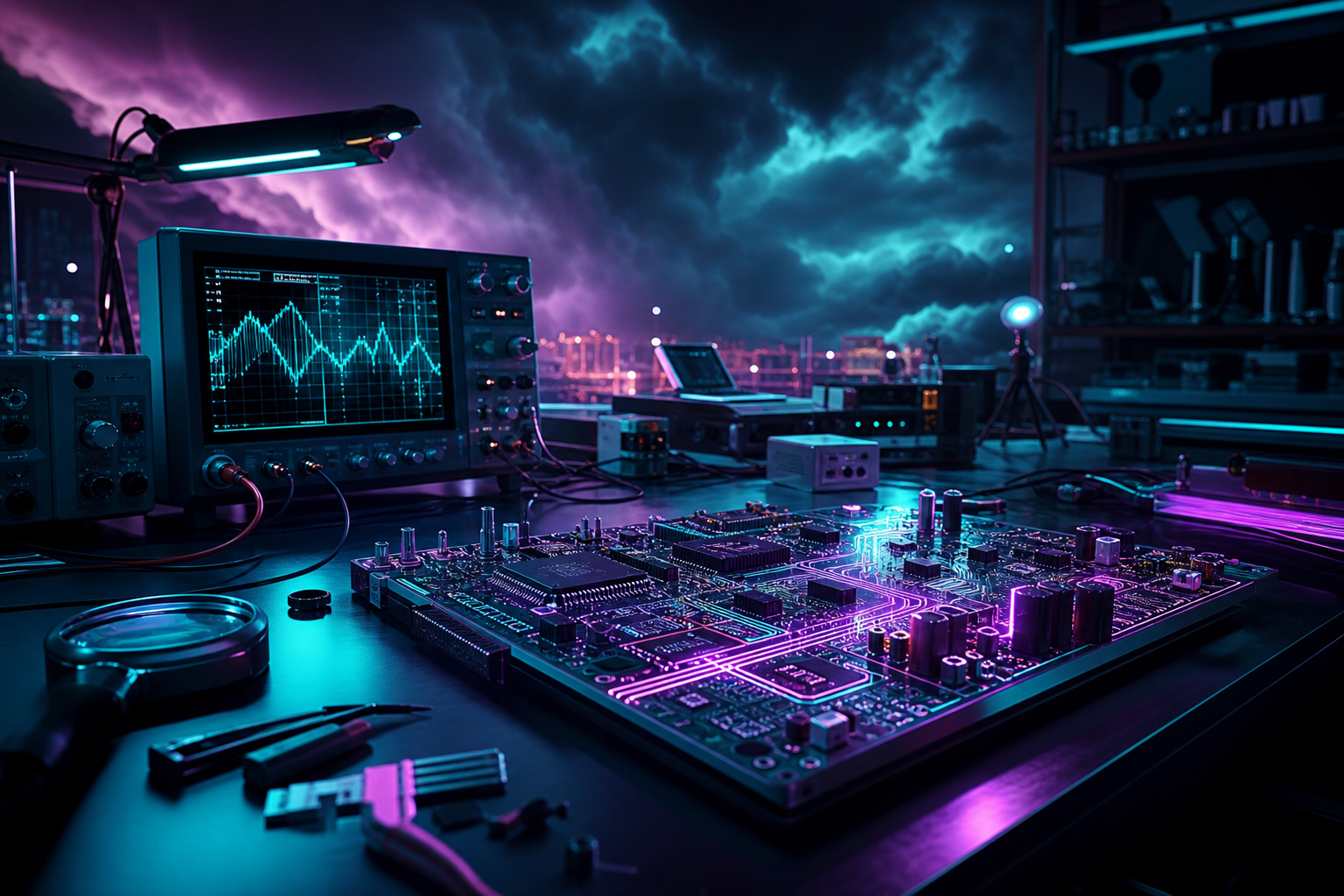 Electronics Lab With Oscilloscope And Neon Lights Electronics Wallpaper  3 4K