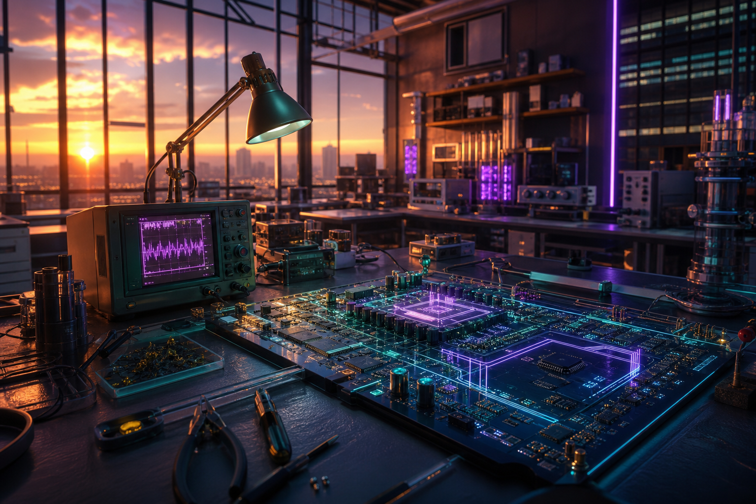 Electronics Lab With Oscilloscope And Neon Lights Electronics Wallpaper  3 4K