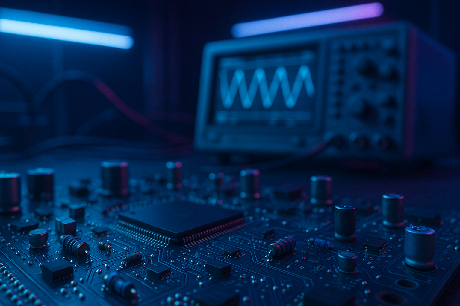 Electronics Lab With Oscilloscope And Neon Lights Electronics Wallpaper  3 4K