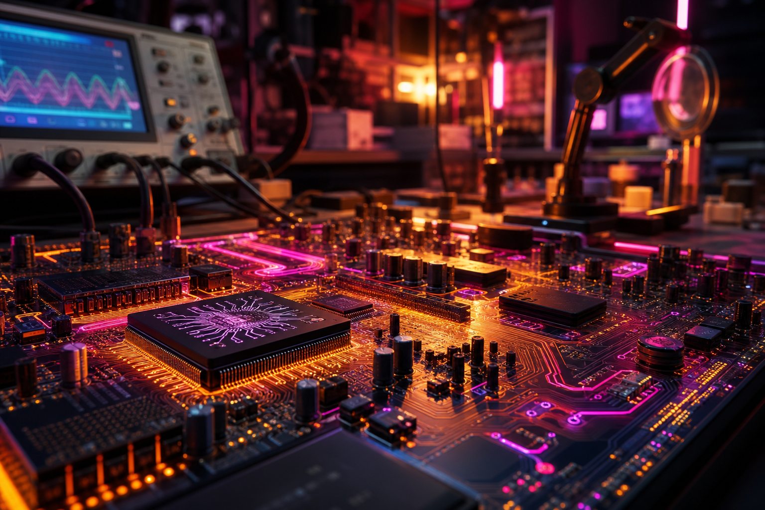 Electronics Lab With Oscilloscope And Neon Lights Electronics Wallpaper  3 4K