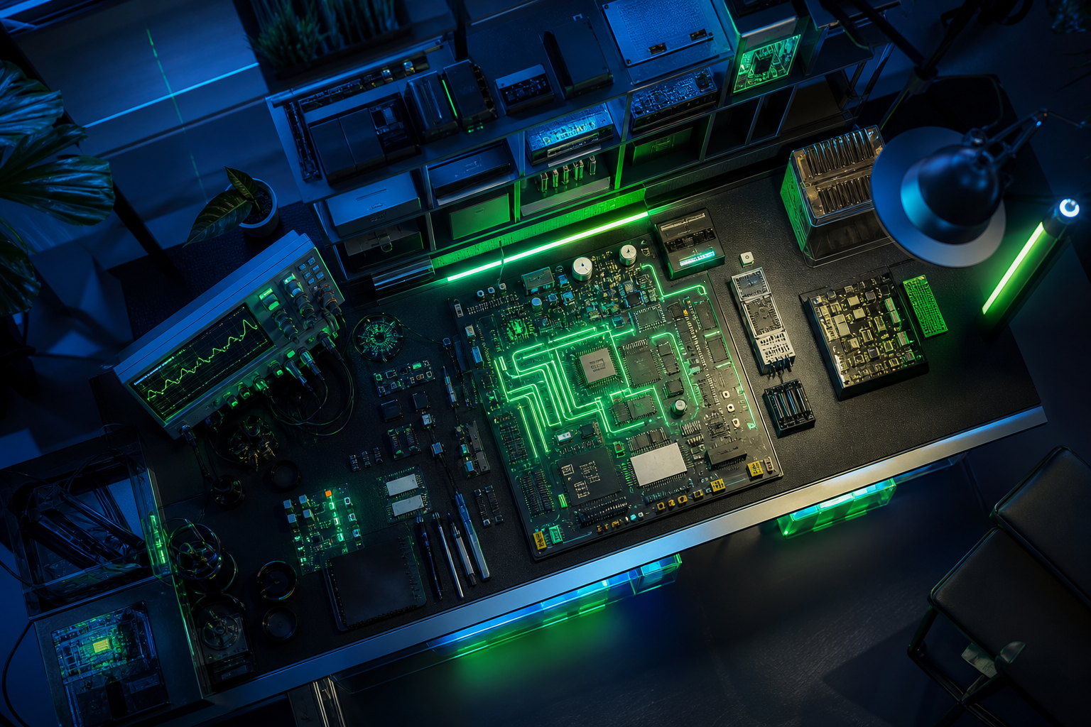 Electronics Lab With Oscilloscope And Neon Lights Electronics Wallpaper  3 4K