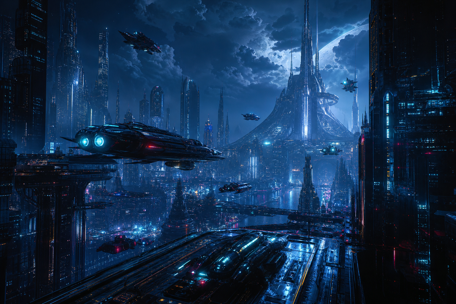 Epic Science Fiction City With Flying Vehicles Cinematic Style Movie Wallpaper  1 4K