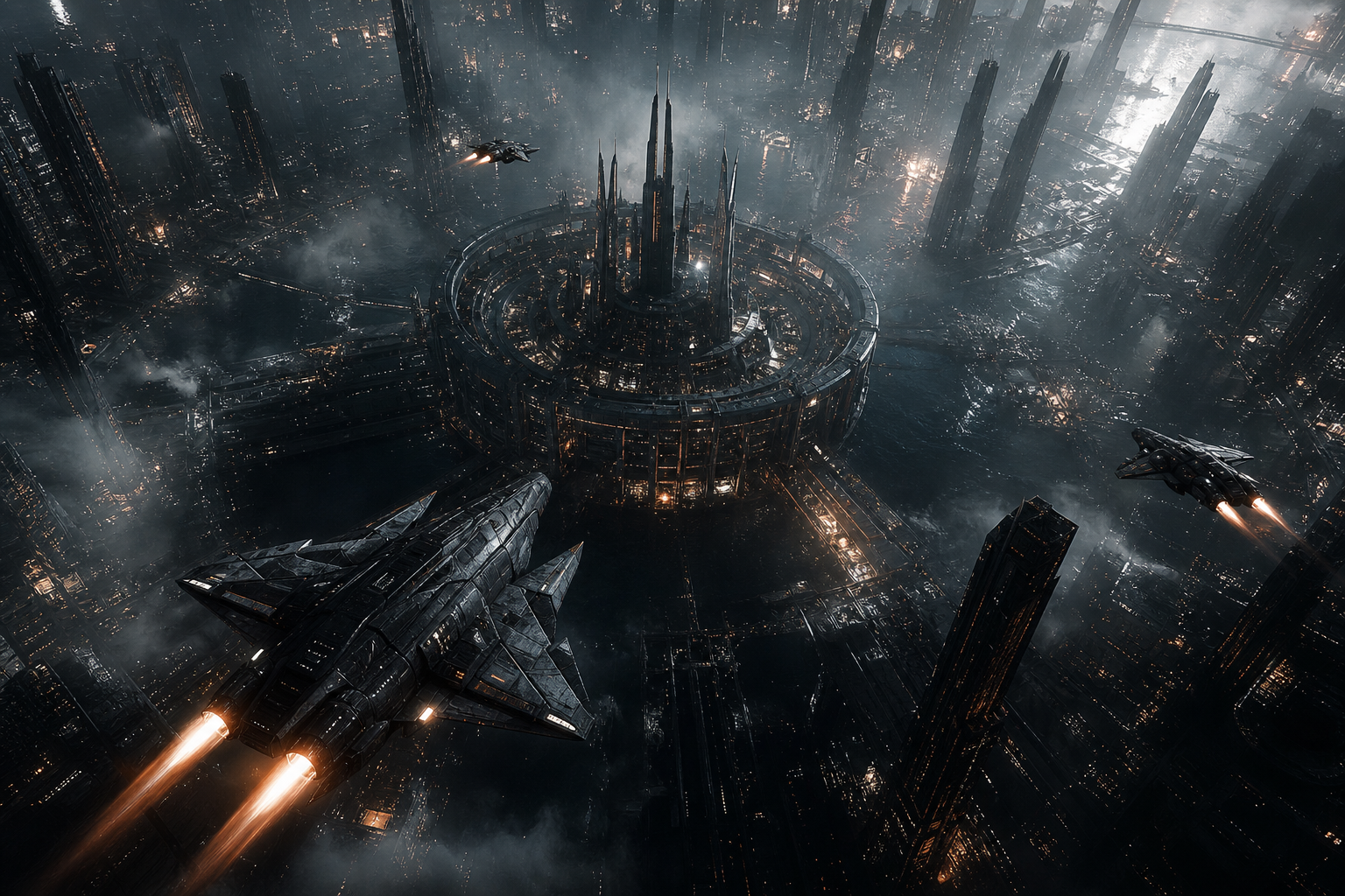 Epic Science Fiction City With Flying Vehicles Cinematic Style Movie Wallpaper  1 4K