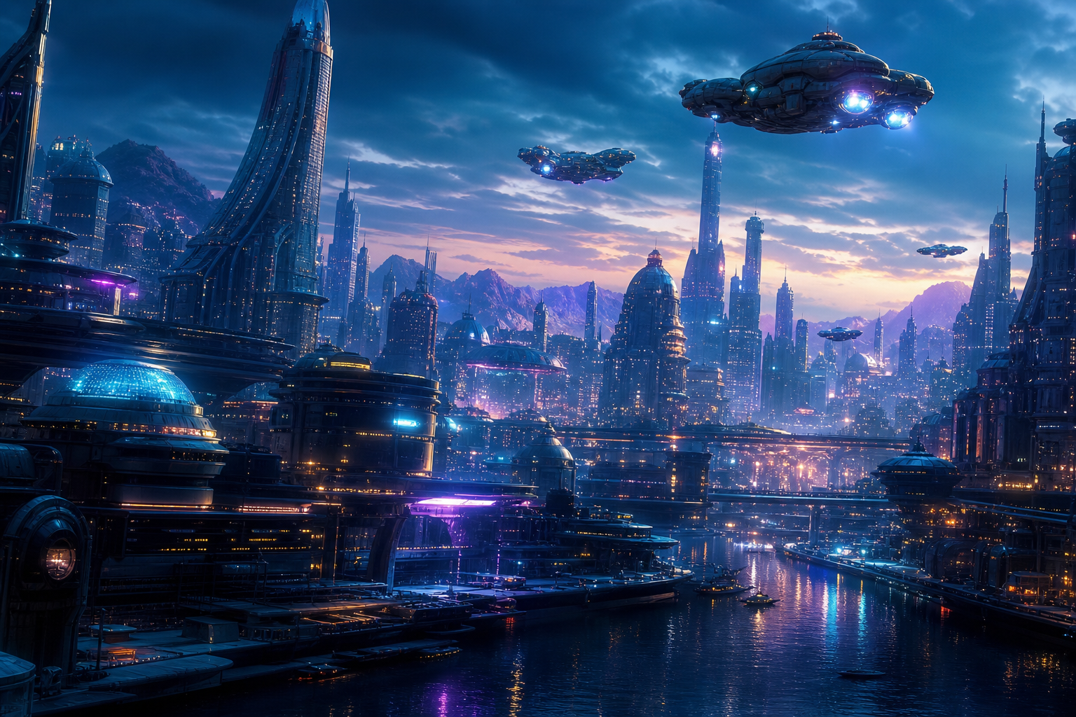 Epic Science Fiction City With Flying Vehicles Cinematic Style Movie Wallpaper  1 4K