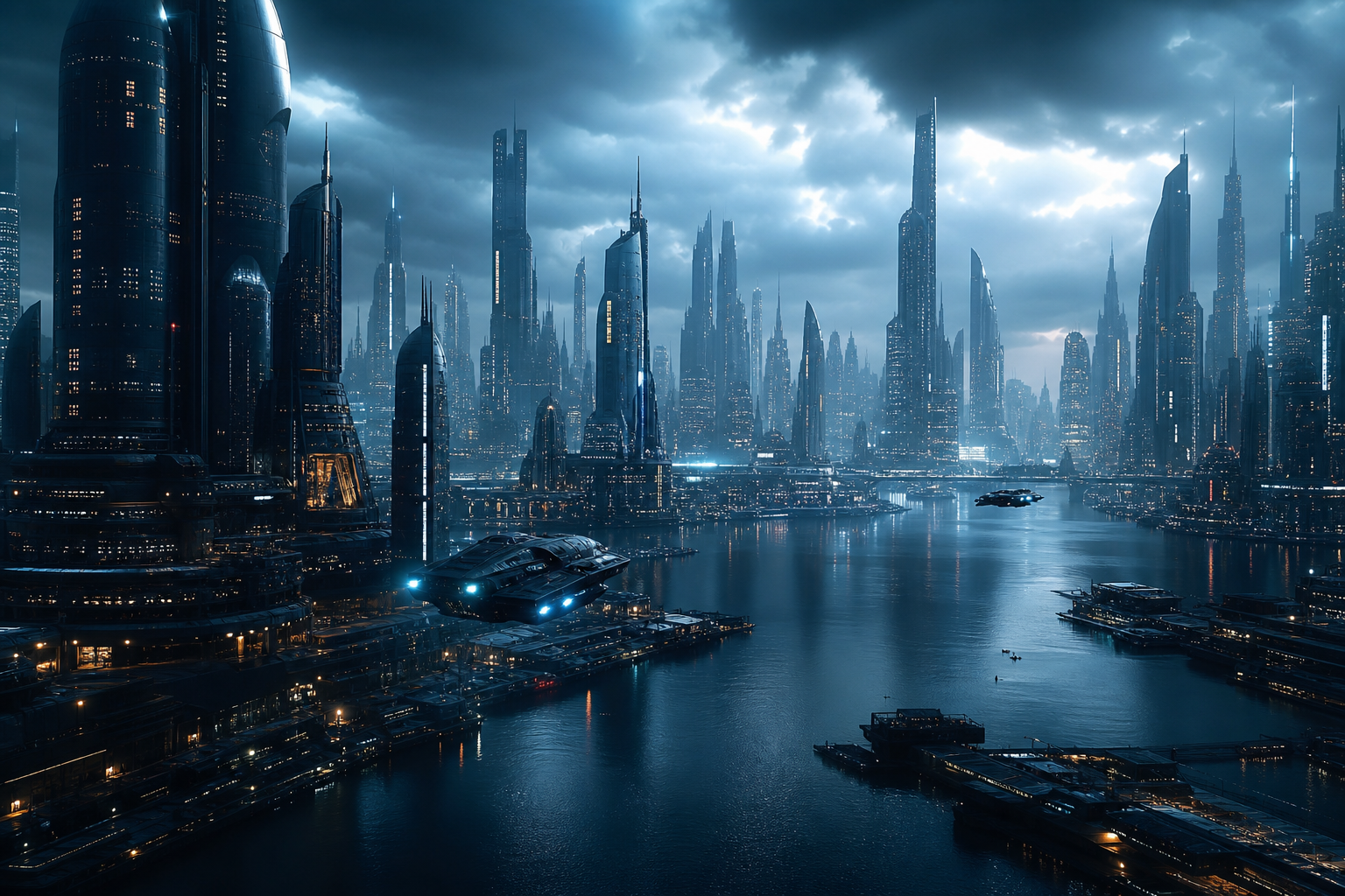 Epic Science Fiction City With Flying Vehicles Cinematic Style Movie Wallpaper  1 4K