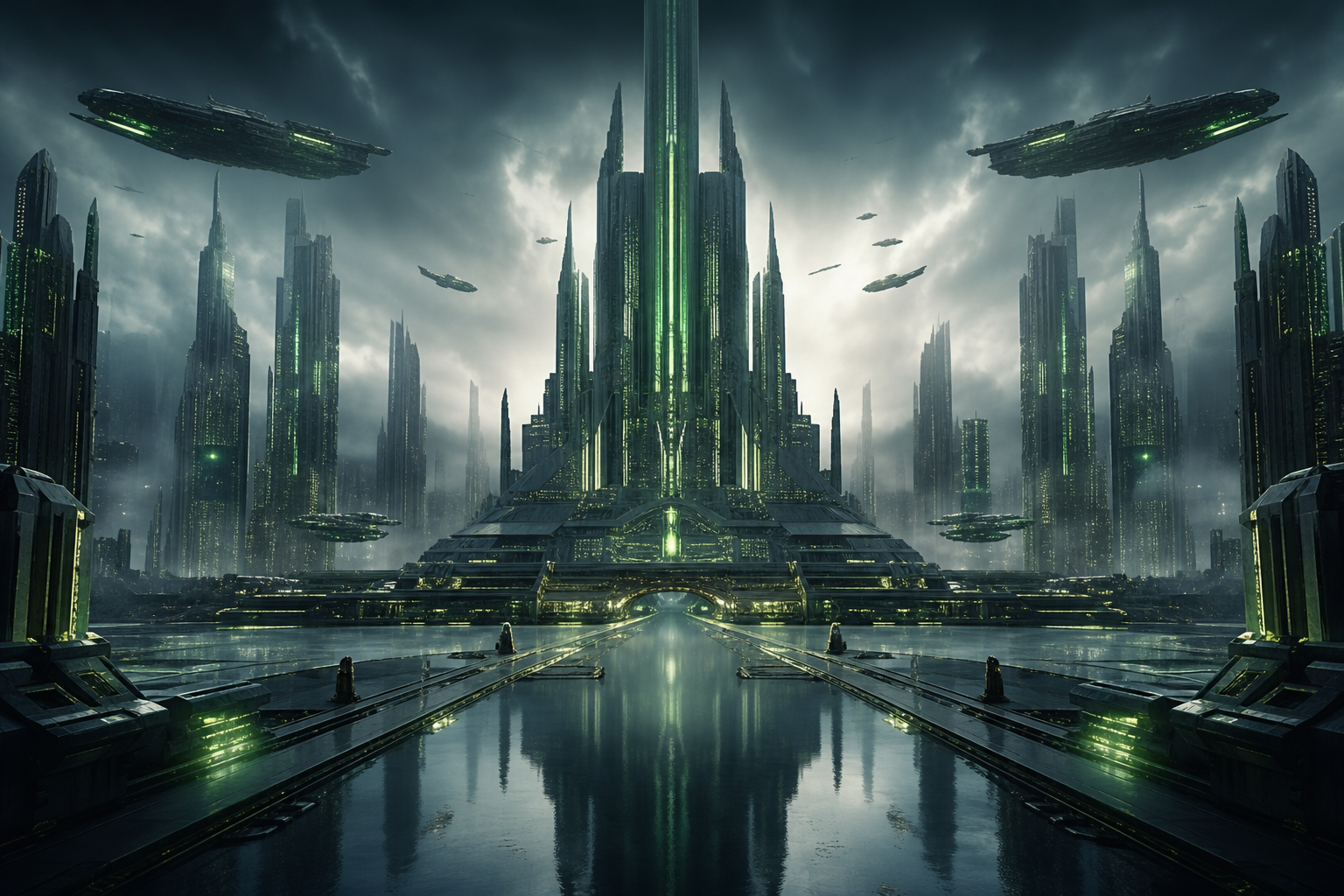 Epic Science Fiction City With Flying Vehicles Cinematic Style Movie Wallpaper  1 4K