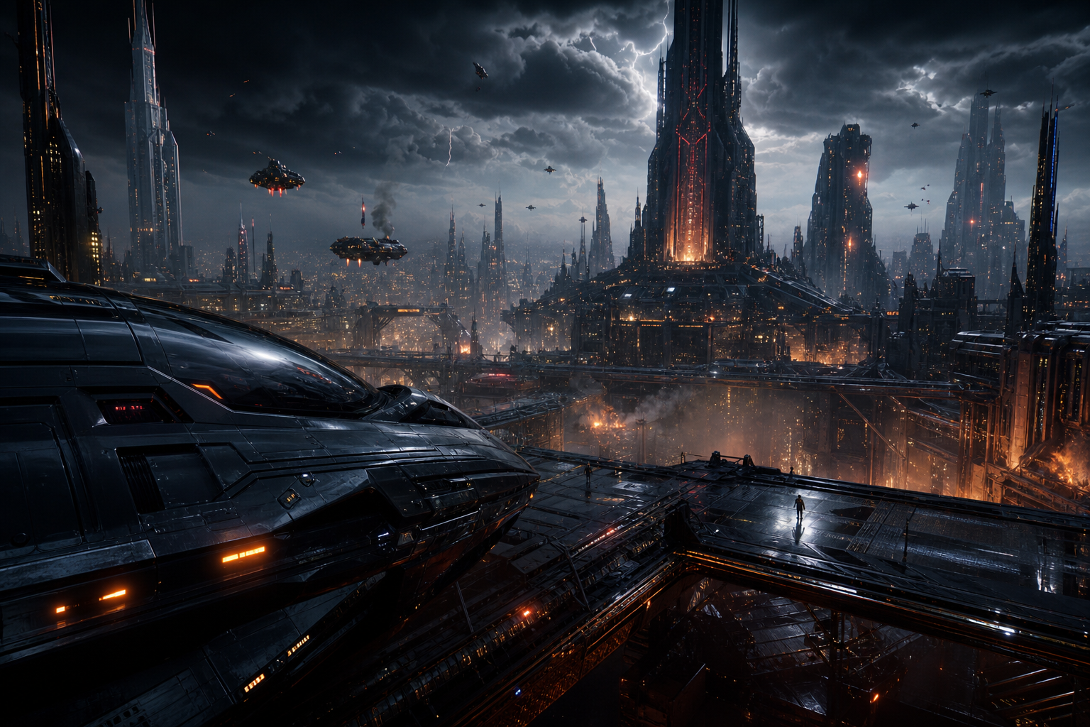 Epic Science Fiction City With Flying Vehicles Cinematic Style Movie Wallpaper  1 4K