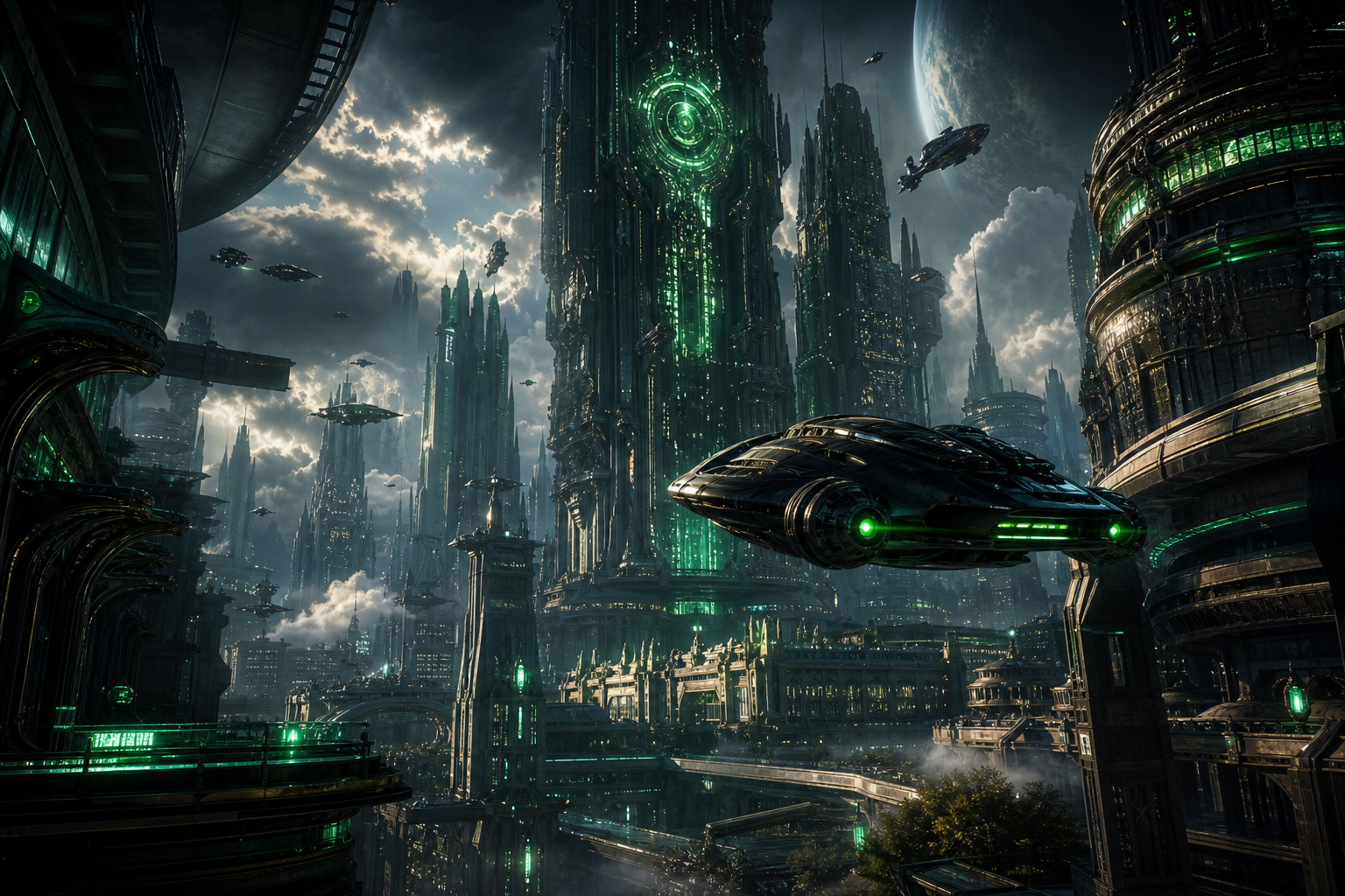 Epic Science Fiction City With Flying Vehicles Cinematic Style Movie Wallpaper  1 4K