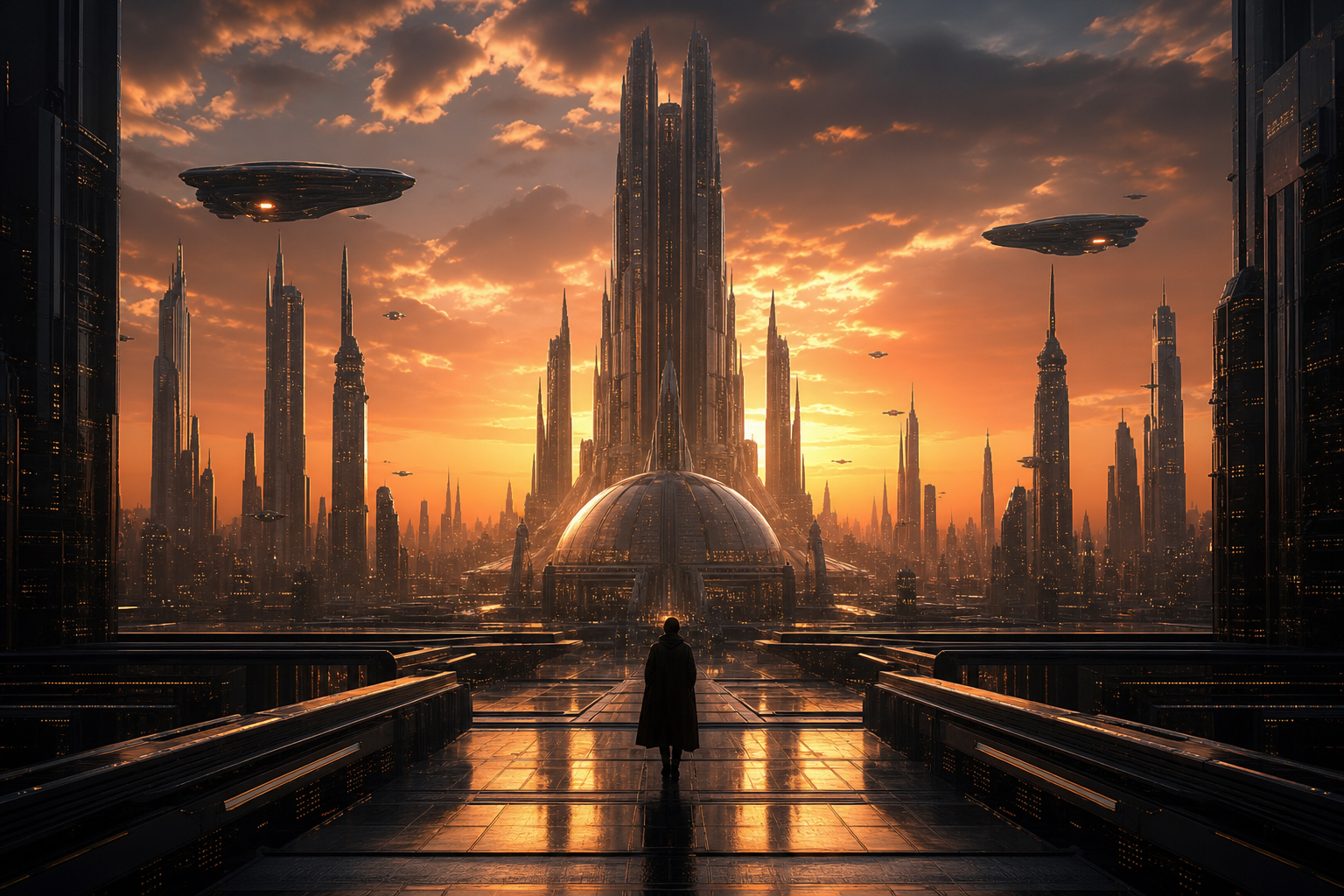 Epic Science Fiction City With Flying Vehicles Cinematic Style Movie Wallpaper  1 4K