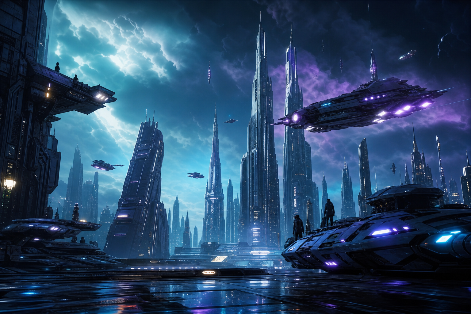 Epic Science Fiction City With Flying Vehicles Cinematic Style Movie Wallpaper  1 4K