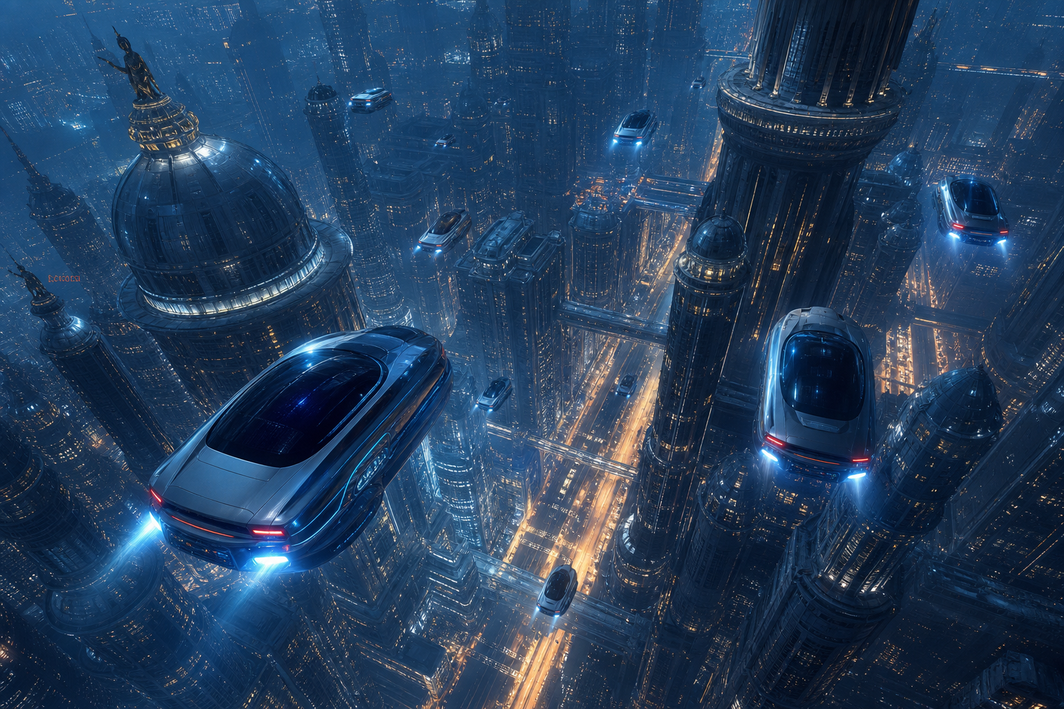 Flying Cars Above Neon Downtown Art Wallpaper  13 4K