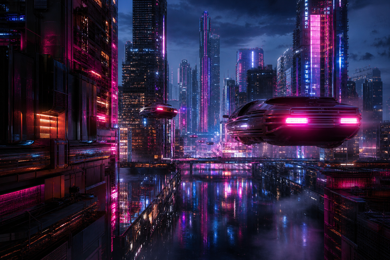 Flying Cars Above Neon Downtown Cyberpunk Wallpaper  13 4K